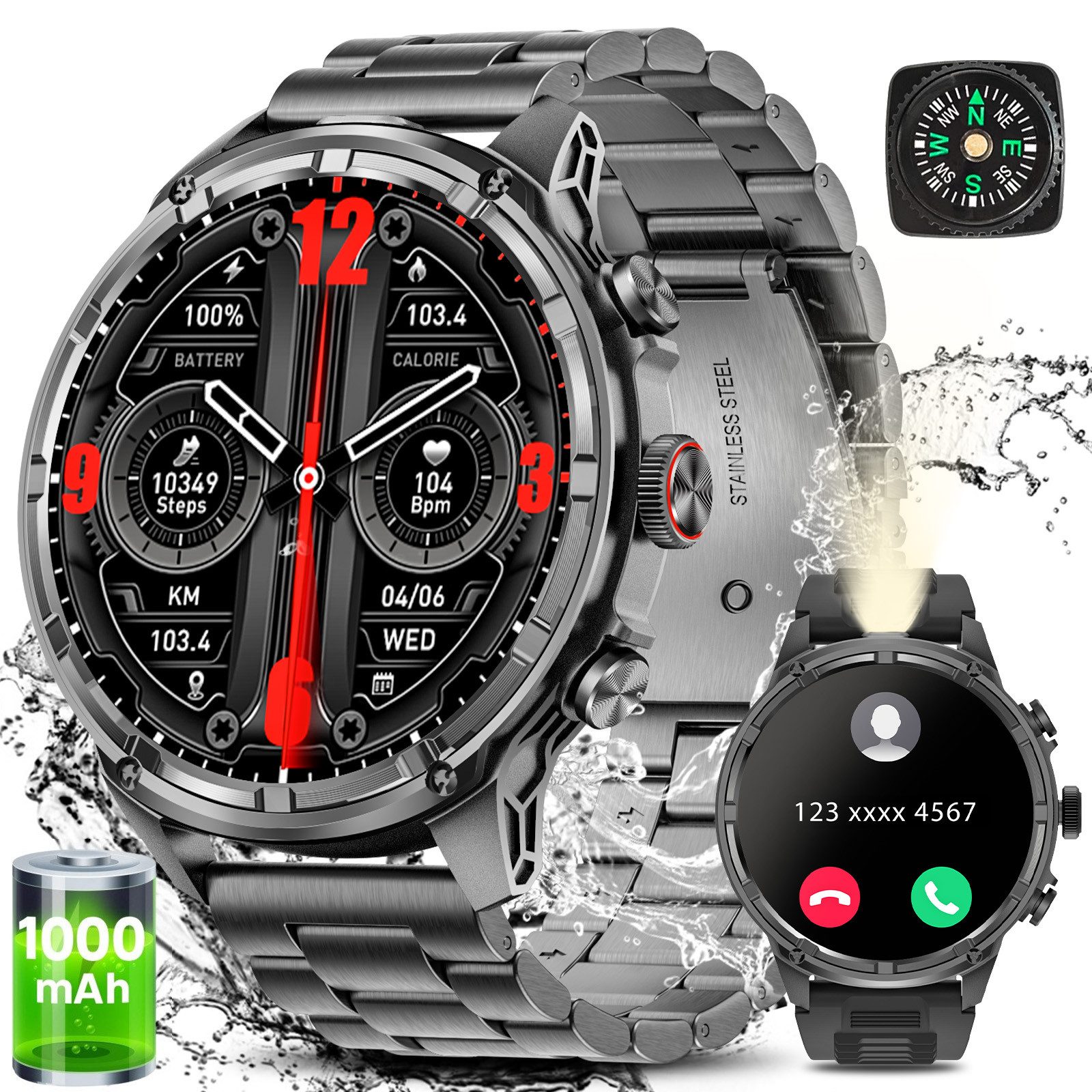 BANLVS 2025 NEW 1000 mAh Smartwatch Herren in Militärqualität 1,85“ AMOLED Smartwatch (3,63 cm/1,85 Zoll, AMOLED) Das perfekte Geschenk für Männer, mit 24/7 Herzfrequenz, Blutdruck, Schlafmonitor, IP68 Wasserdicht/Herzfrequenz/SpO2/Blutdruck/Schlafüberwachung