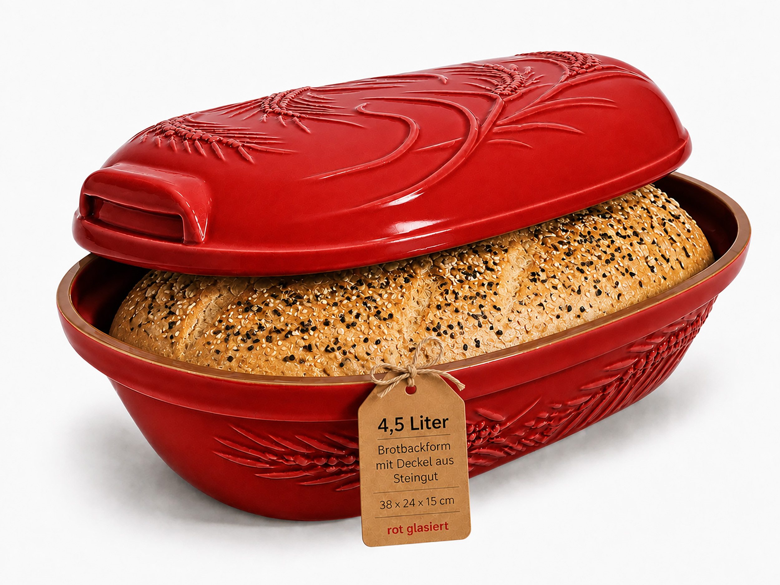 KERAZO Brotbackform 4,5L Keramik Bräter mit Deckel Brottopf Auflaufform 38x24x15 cm, rot, Mit dekorativem Getreidemuster auf Deckel und Unterteil