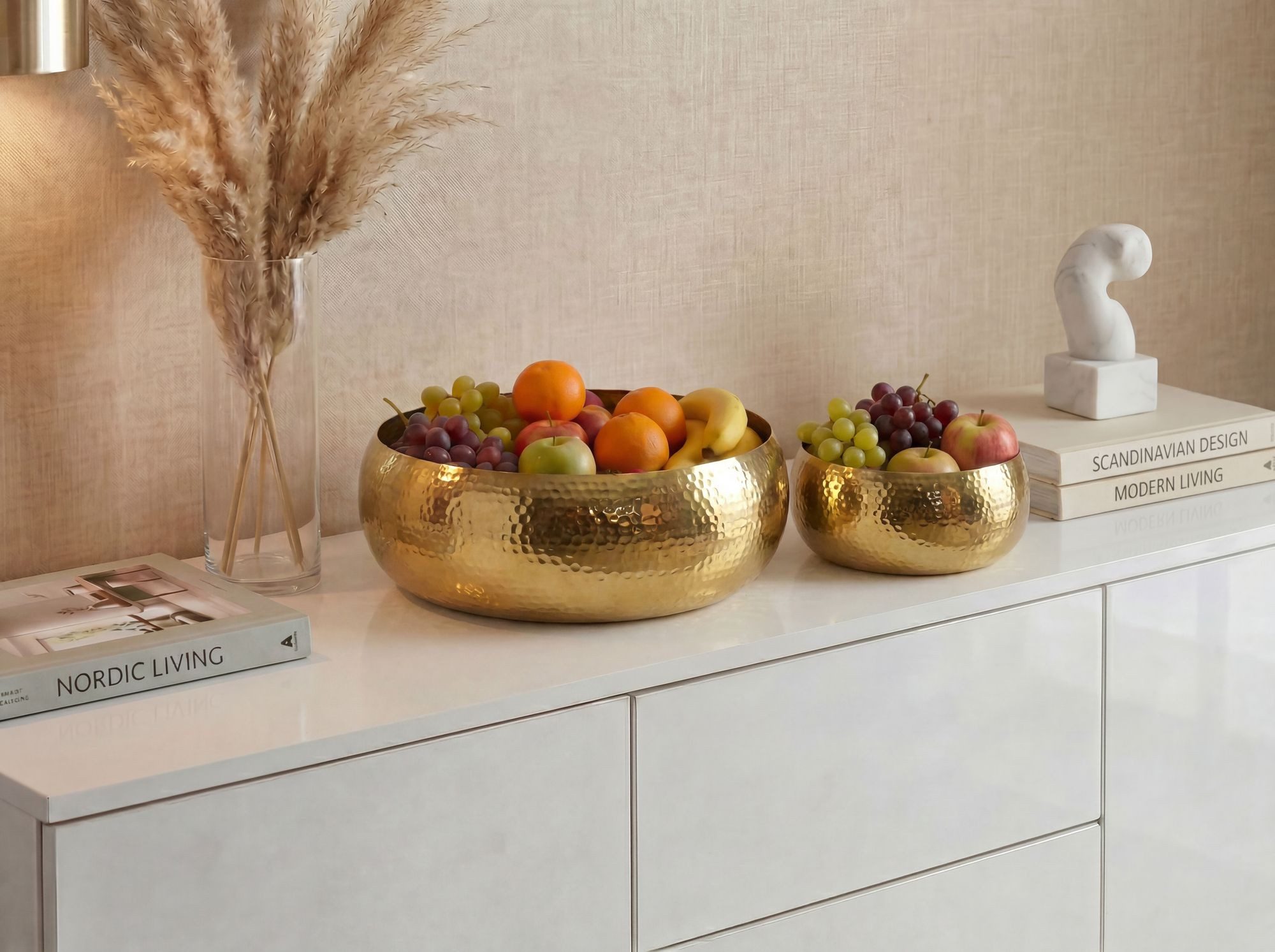 FINEBUY Obstschale FB77786 2er Set Früchteschale Gold Hammerschlag Metall Rund Schale, Aluminium, (Zweiteilige Anrichteschalen aus Aluminium), Wohnaccessoires für Früchte, Obst und Snacks