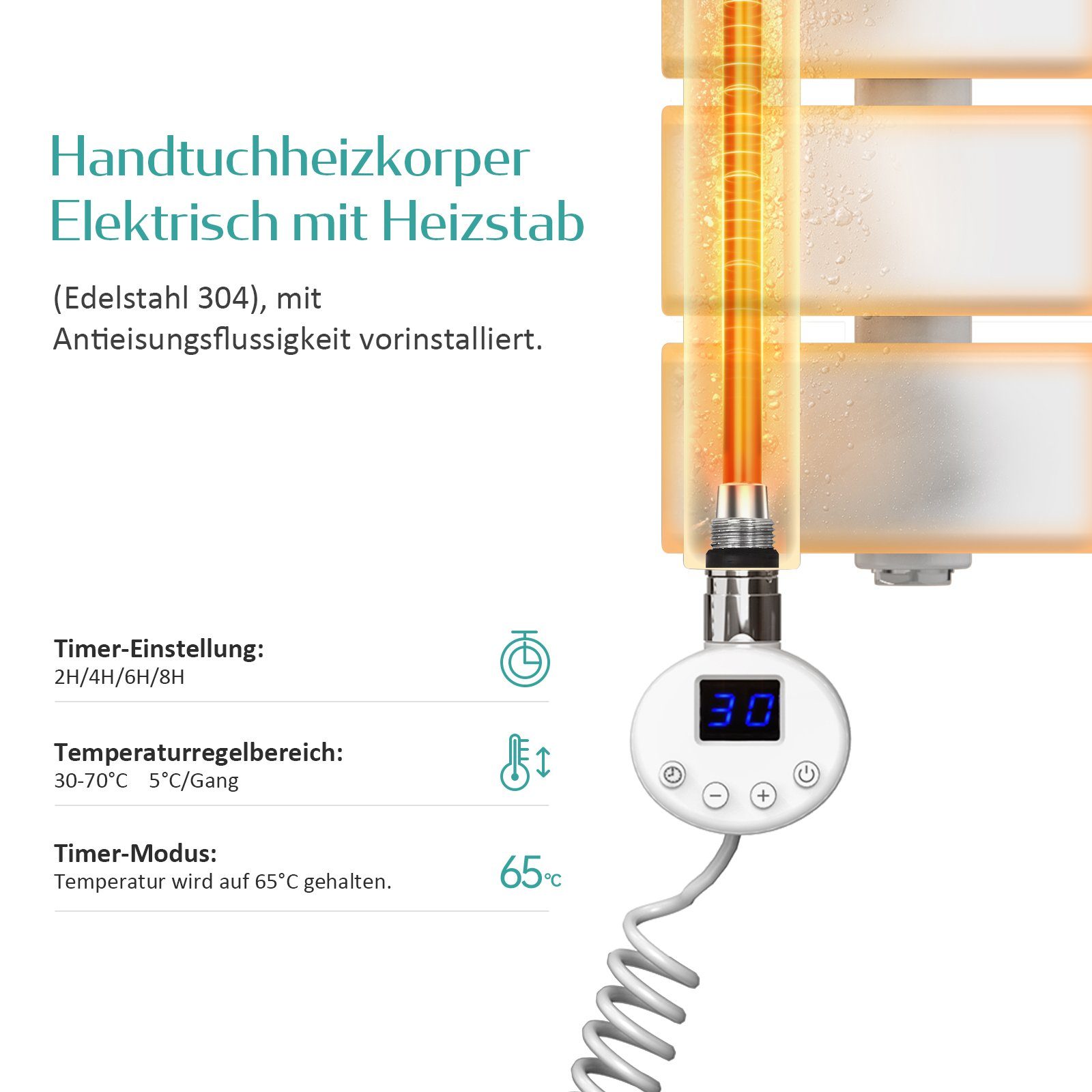 Thermostat Elektrischer Elektrisch mit Weiß, Elektrischer Heizstab mit Panel EMKE Handtuchhalter Badheizkörper inkl timer EMKE Badheizkörper