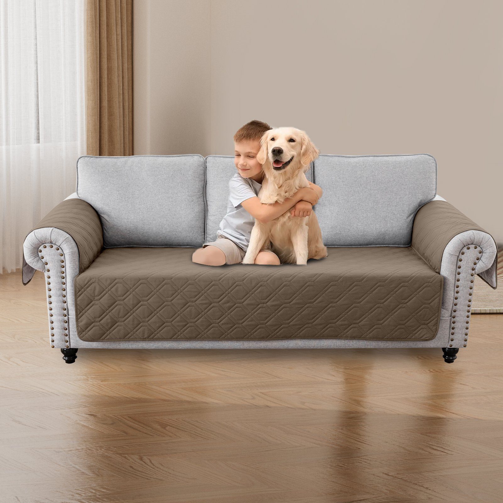 Sofaschoner Couch Schonbezug 1-,2-,3-Sitzer,Gesteppt Sofabezug,Armlehnen&Taschen