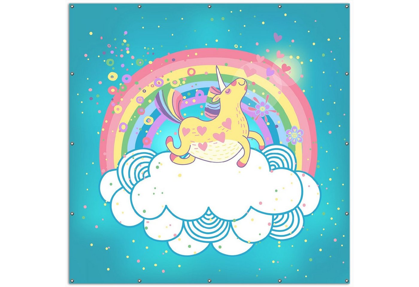 Thumbnail - Wallario Sichtschutzzaunmatten Lustiges Einhorn auf einer Wolke vor Regenbogen, rund