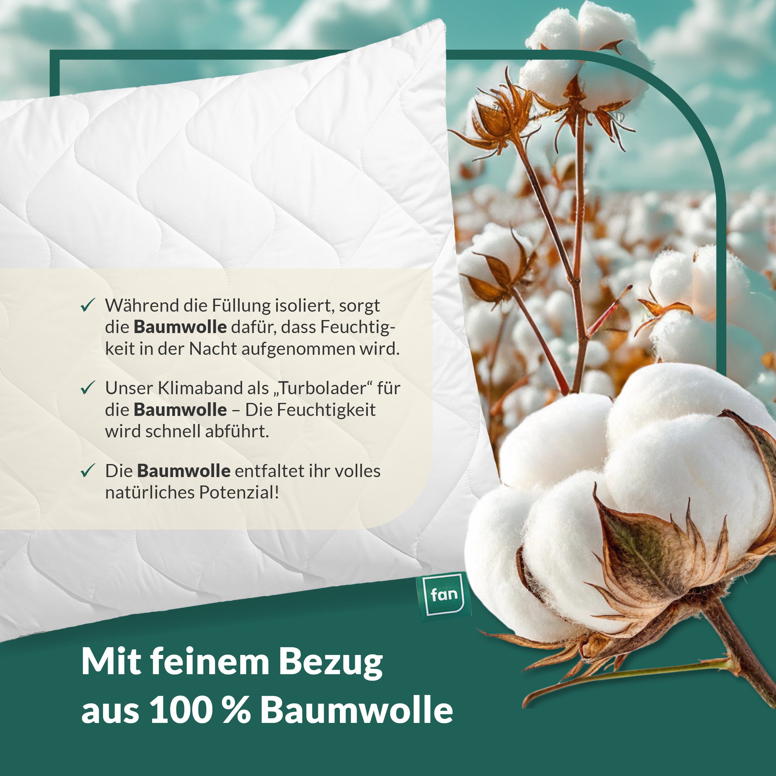 fan Microfaserkissen Climacontrol® II m. Baumwollbezug, Bezug: 100% Baumwolle, Microfaserkopfkissen mit Lüftungsband, 40x80 oder 80x80 cm erhältlich – Bild 4 von 5