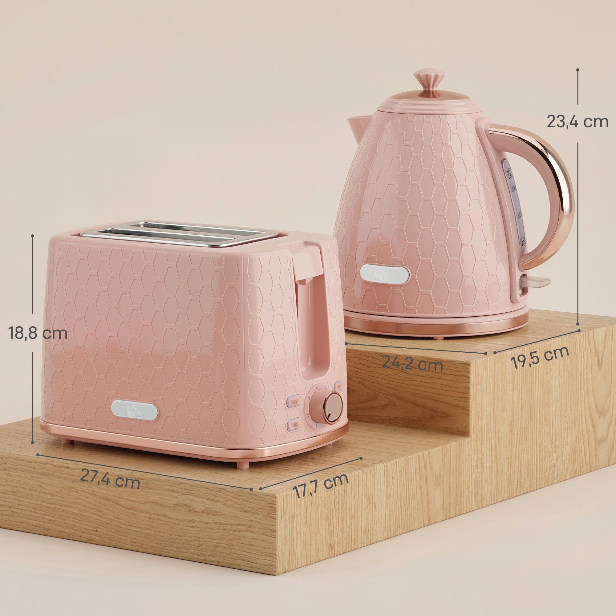 HOMCOM Frühstücks-Set Wasserkocher mit automatischer Abschaltung, 2-Scheiben-Toaster (2-tlg), Set in Rosa, Schnellkochfunktion