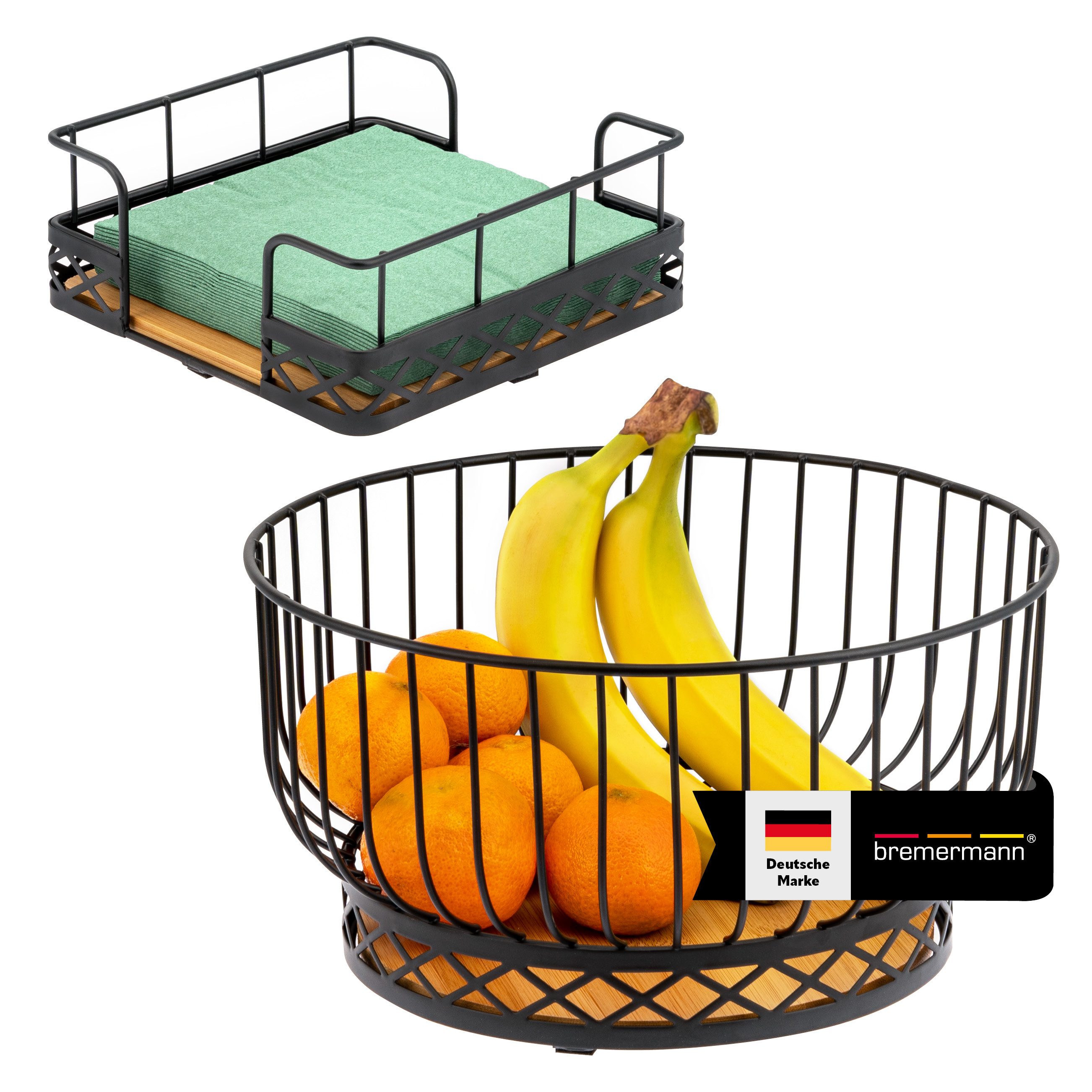 bremermann Obstschale 2er Set mit Serviettenhalter, aus Bambus und Metall