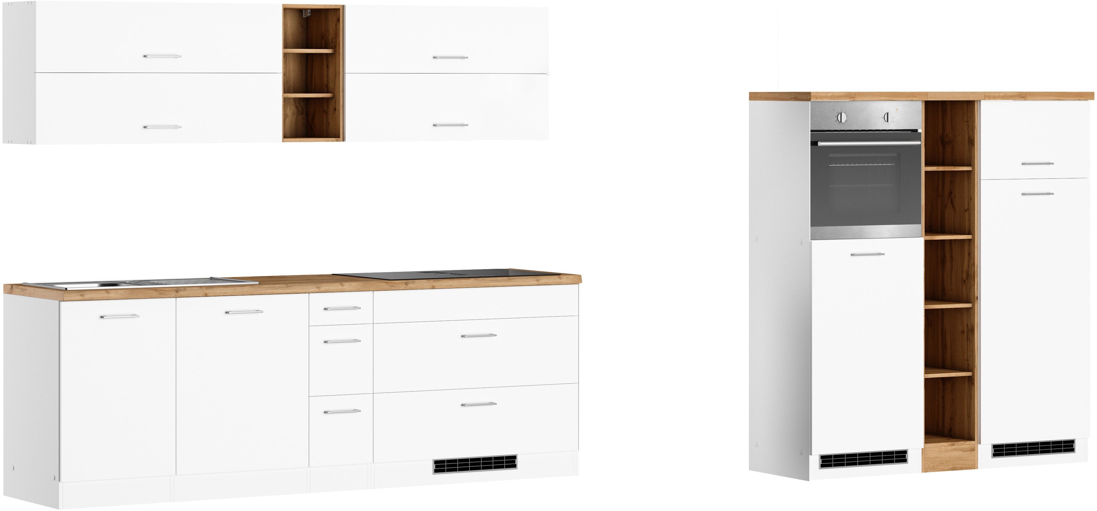 KOCHSTATION Küchenzeile KS-Milan, optional mit Muldenlüfter, Breite 390 cm, wahlweise mit E-Geräten, Kochfeld mit Dunstabzug