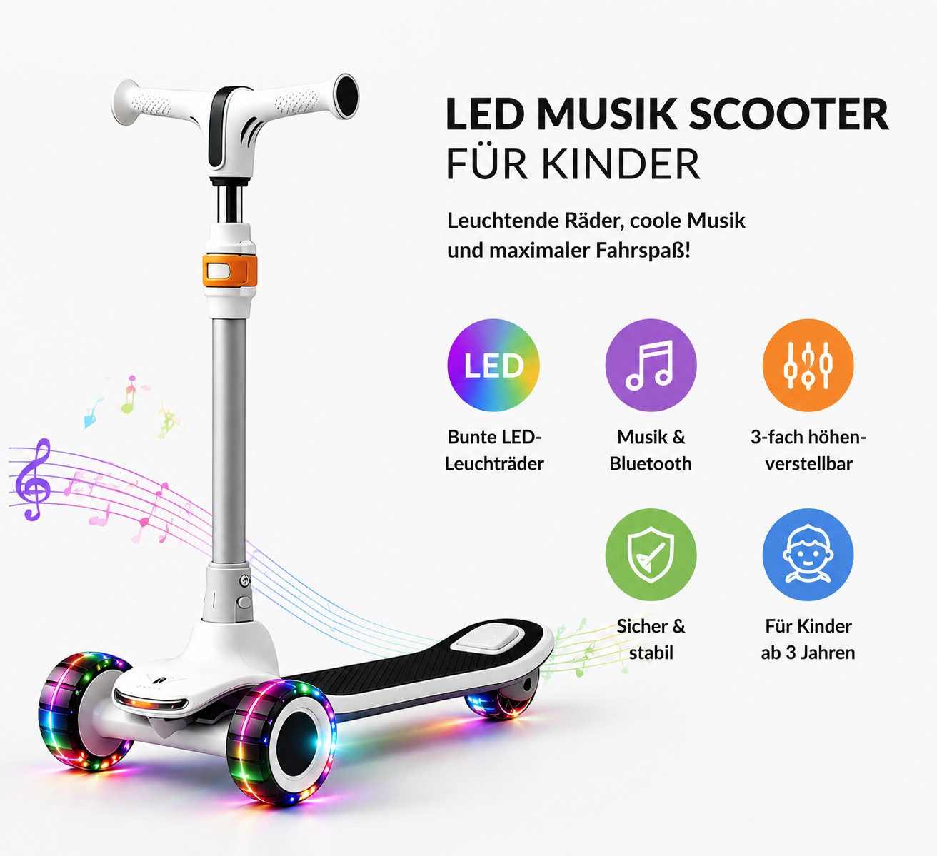 ibettertec Cityroller Scooter Kinderroller Tretroller Dreiradscooter,Höhenverstellbar69-91cm, bis 70 kg,LED-Räder,Kann über Bluetooth mit dem Handy verbunden werden