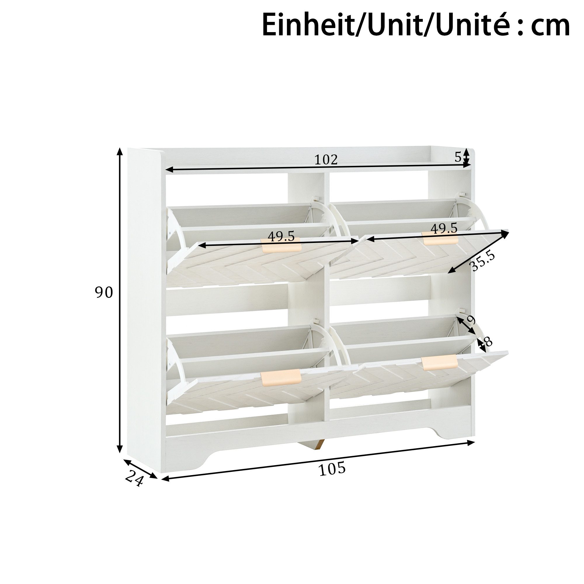 FANNOU Schuhschrank mit 4 Klappfächern, 3D-Strukturfront, 105 x 90 x 24 cm Ablagefläche oben, geräumiger Schuhschrank, platzsparend
