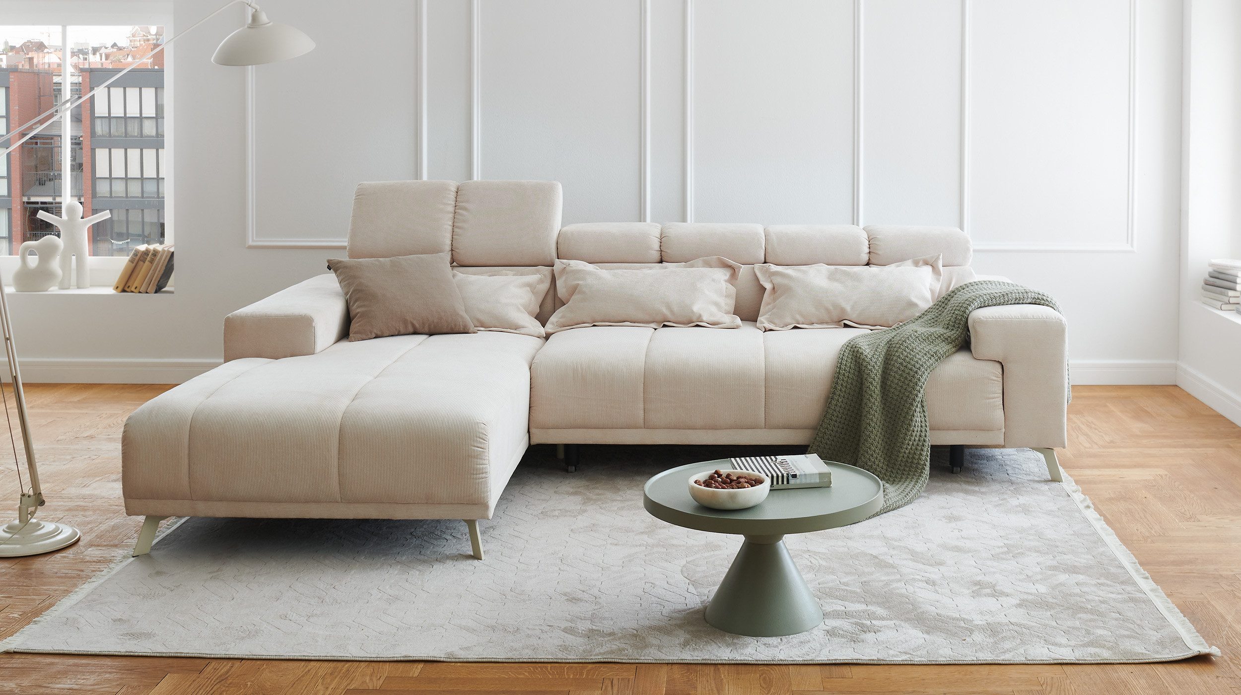 Massivart® Ecksofa Cord Cordsofa ausziehbar 285 cm / elektrisch verstellbar / SUNNY, XXL-Sitztiefenverstellung · Kopfteilverstellung · Nosagunterfederung