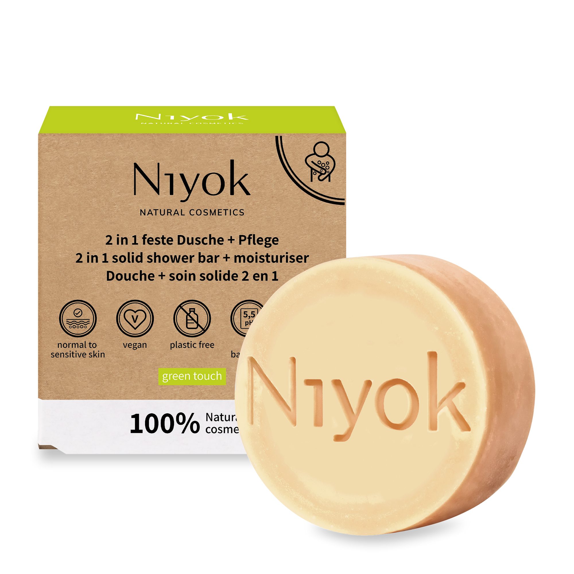 Niyok Feste Duschseife + Pflege 2-in-1 Naturkosmetik, Vegane Seife für Körper & Hände, Seife für Körper & Hände, Plastikfrei & Vegan, PH-Neutral