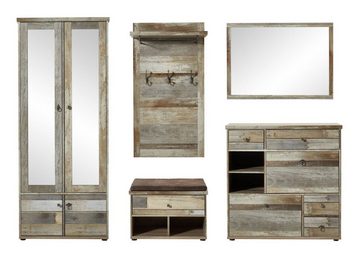 Innostyle Garderoben-Set Garderobenset BONANZA DD80 Driftwood Nachbildung - 5-teilig, (Komplett-Set, 5-St., Garderobenschrank, Garderobenpaneel, Sitzbank, Schuhschrank, Spiegel)