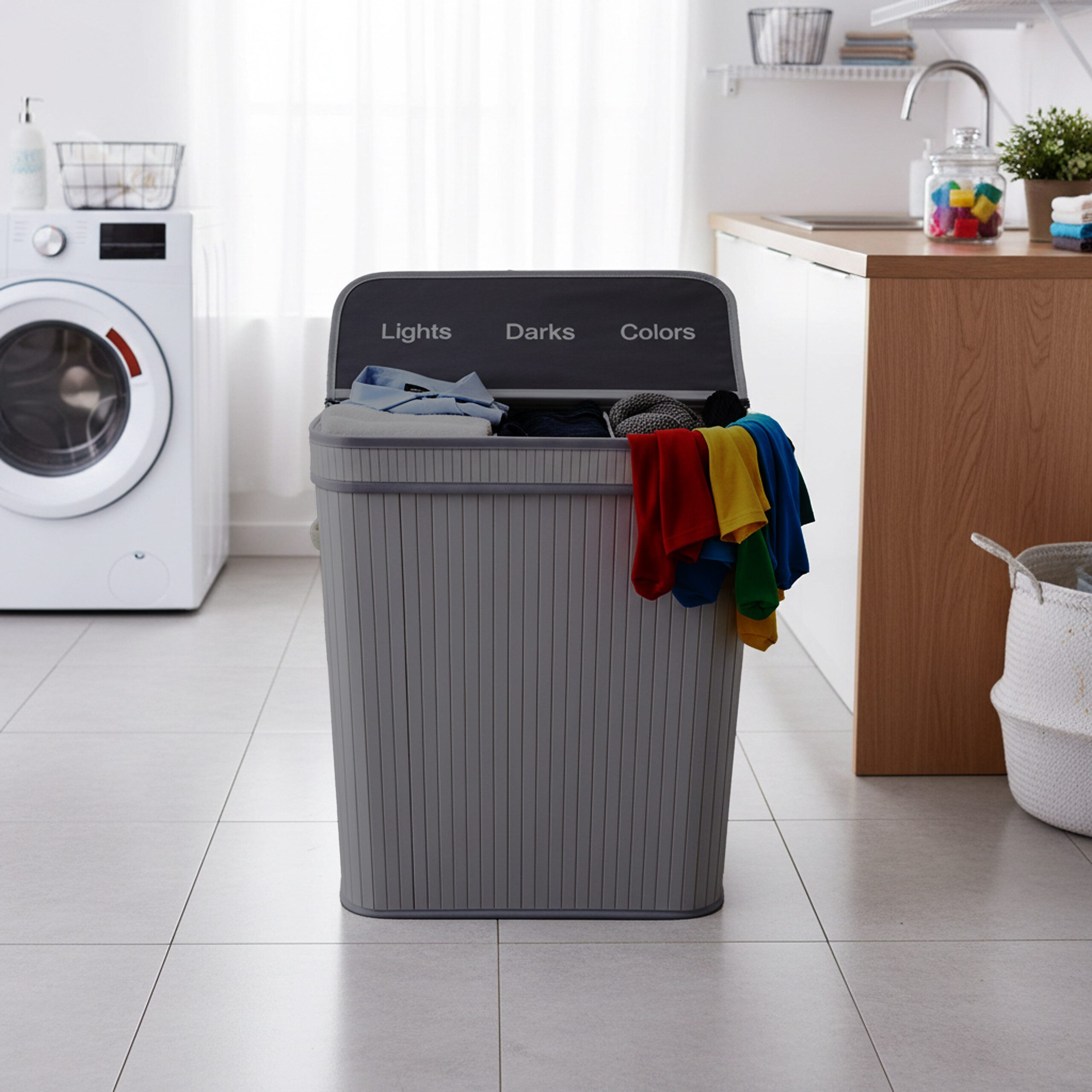 relaxdays Wäschekorb Bambus Wäschekorb mit 2 Fächern, grau günstig online kaufen