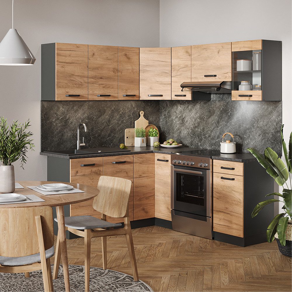 Vicco Winkelküche Rick, Goldkraft Eiche/Anthrazit/Anthrazit, 190 x 46 cm, AP Anthrazit