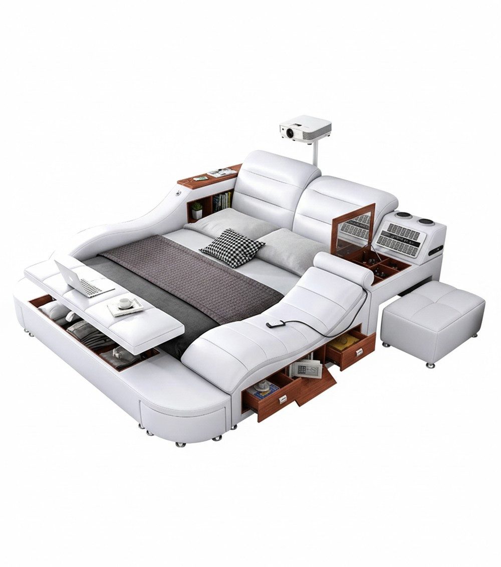 Xlmoebel Multimediabett Beigefarbenes Multifunktionsbett im modernen Holzdesign (2-tlg), Made in Europa