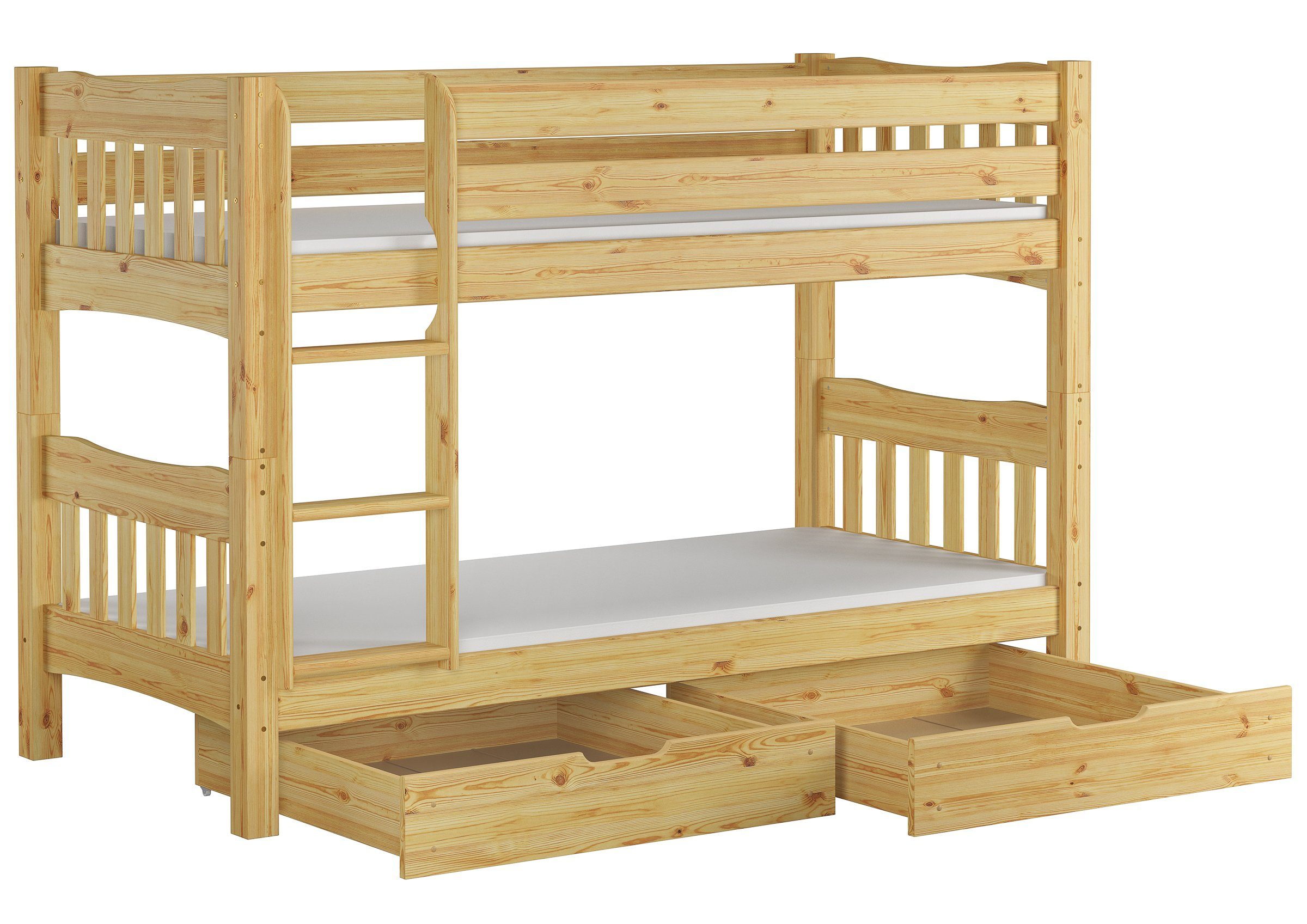 ERST-HOLZ Etagenbett Hochbett 90x200 mit 2 Rollrosten, 2 Matratzen u. Bettkasten S2