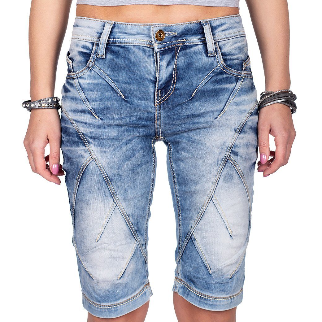 Cipo & Baxx Jeansshorts Damen kurze Hose WK145 mit dicker Naht im Bikerstyle