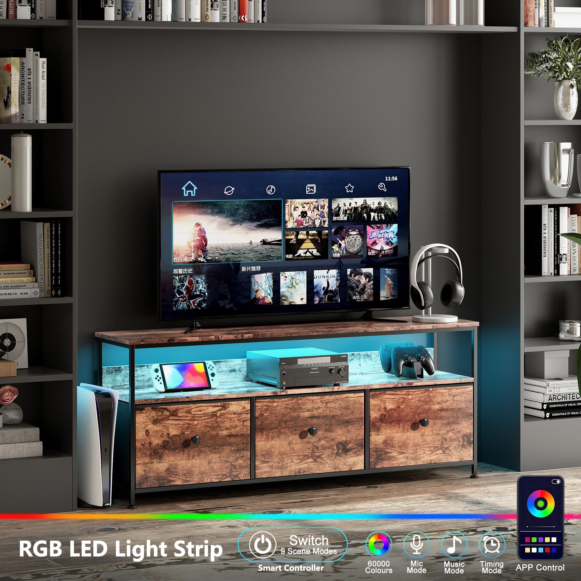 Simurq Lowboard TV-Schrank,Fernsehtisch mit 3 Schubladen,offenen Fächern, Wohnzimmer, RGB-LED-Beleuchtung, 3 Schubladen, Stauraum, 40-50-Zoll-Fernseher