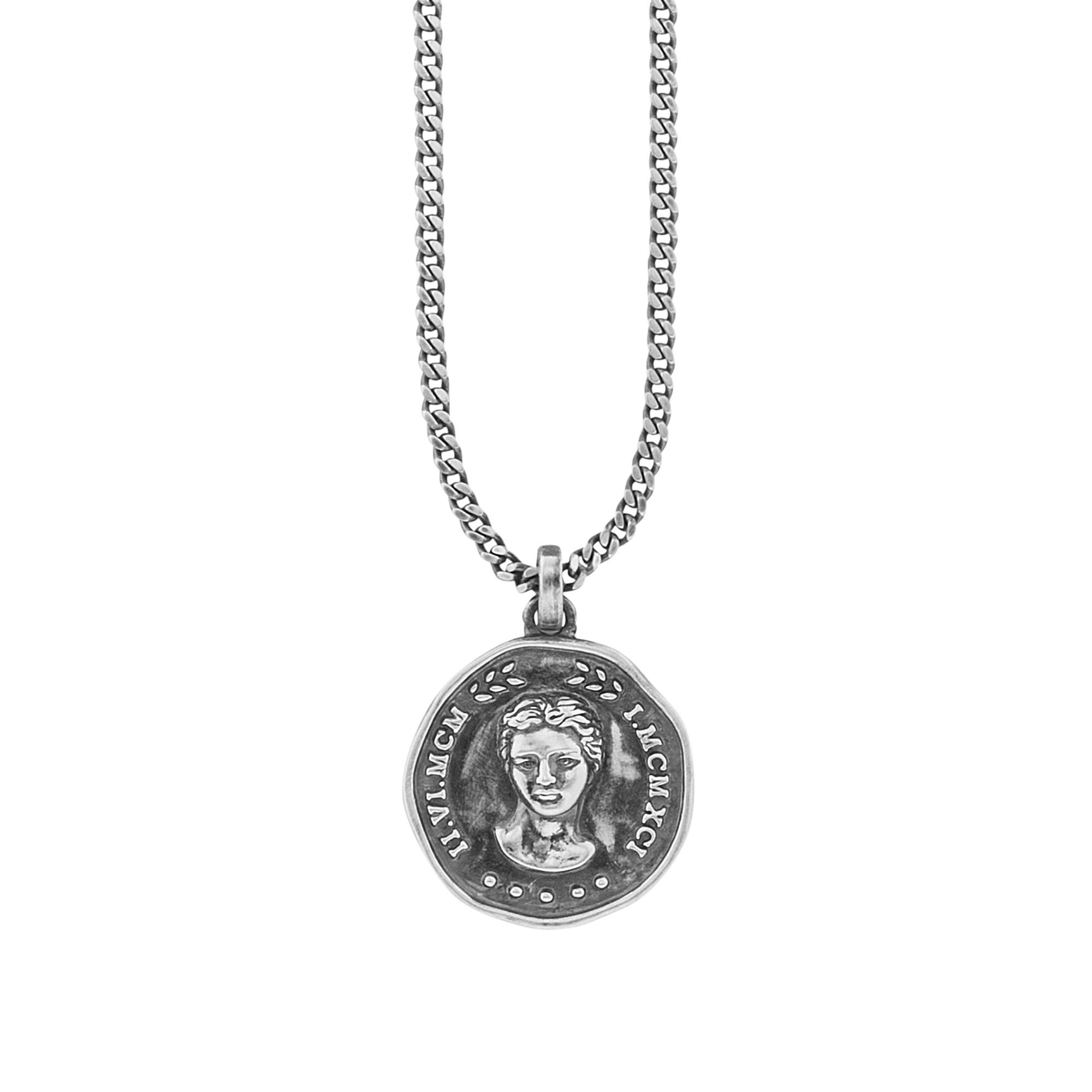 CAÏ Kette mit Anhänger 925/- Sterling Silber oxidiert Münze Spinell,  Römische Zahlen und antikes Relief