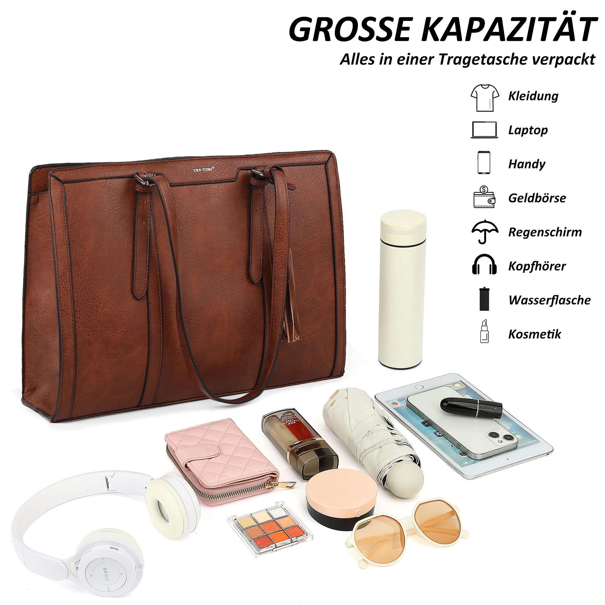 TAN.TOMI Handtasche Große Business Handtasche Damen Leder Schultertasche Arbeit Schule, Bürotasche Damen 15.6 Zoll Notebookt mit 3 Fächern für Büro Schule
