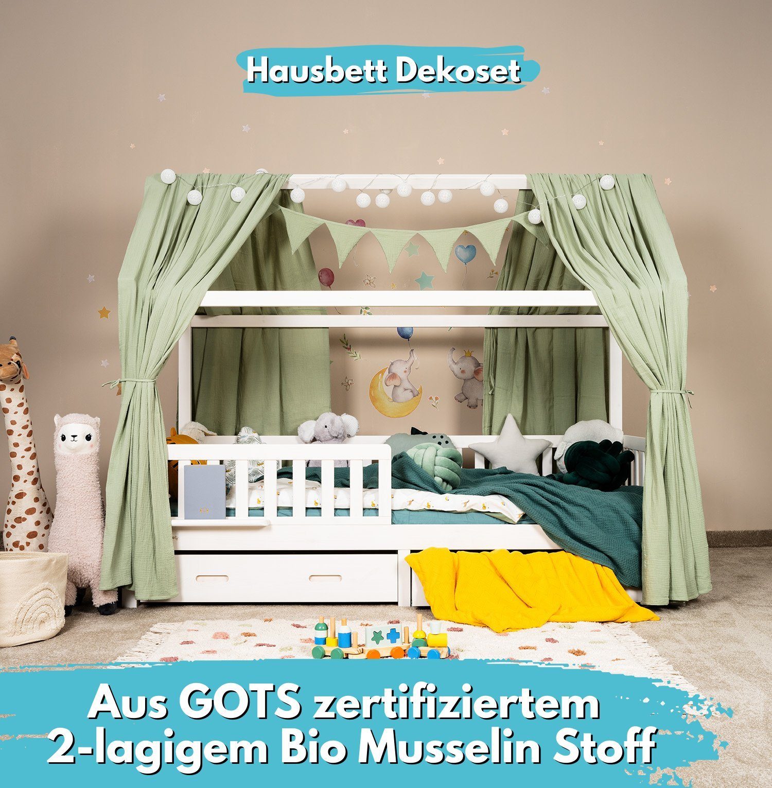 Vorhang Komplett SET mit Bio-Musselin DEKO, Baumwolle, 100% lang, Alavya cm 150 Lichtschutz, Dekoset 100 Vorhänge Stück (2 für Schlafzimmer 2er-Set Khaki 1 300cm Kinderzimmer, Stück Home®, Wohnzimmer für Hausbett x St), Kinderzimmer, cm GOTS 2 Betthimmel Schlaufen Kurz Wimpelkette zertifizierter I I