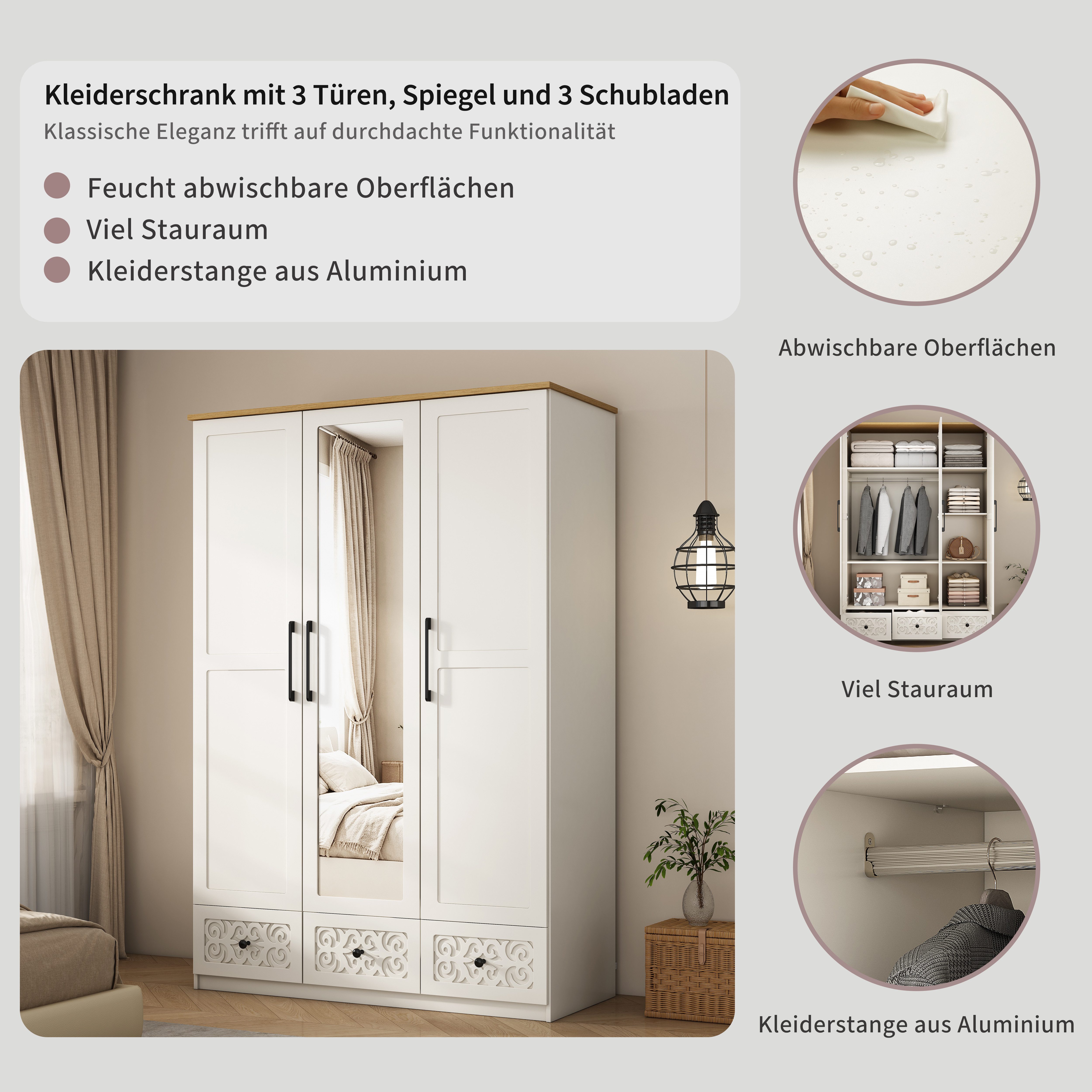 OTTO home Kleiderschrank EZZON-KS Landhaus Design Schlafzimmerschrank mit Verzierungen und Spiegel – Bild 4 von 5