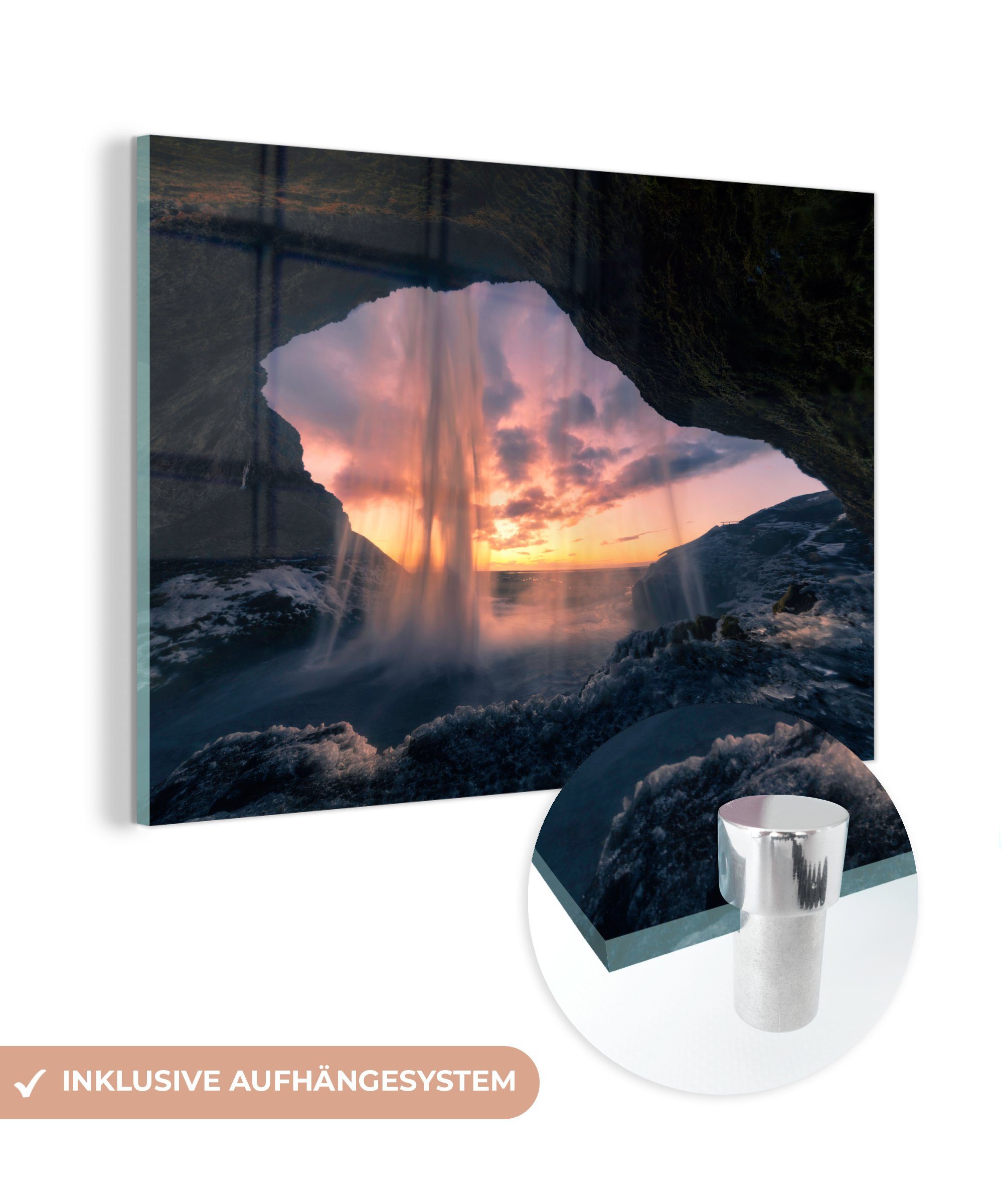MuchoWow Acrylglasbild Wasserfall - Himmel - Höhle, (1 St), Acrylglasbilder Wohnzimmer & Schlafzimmer