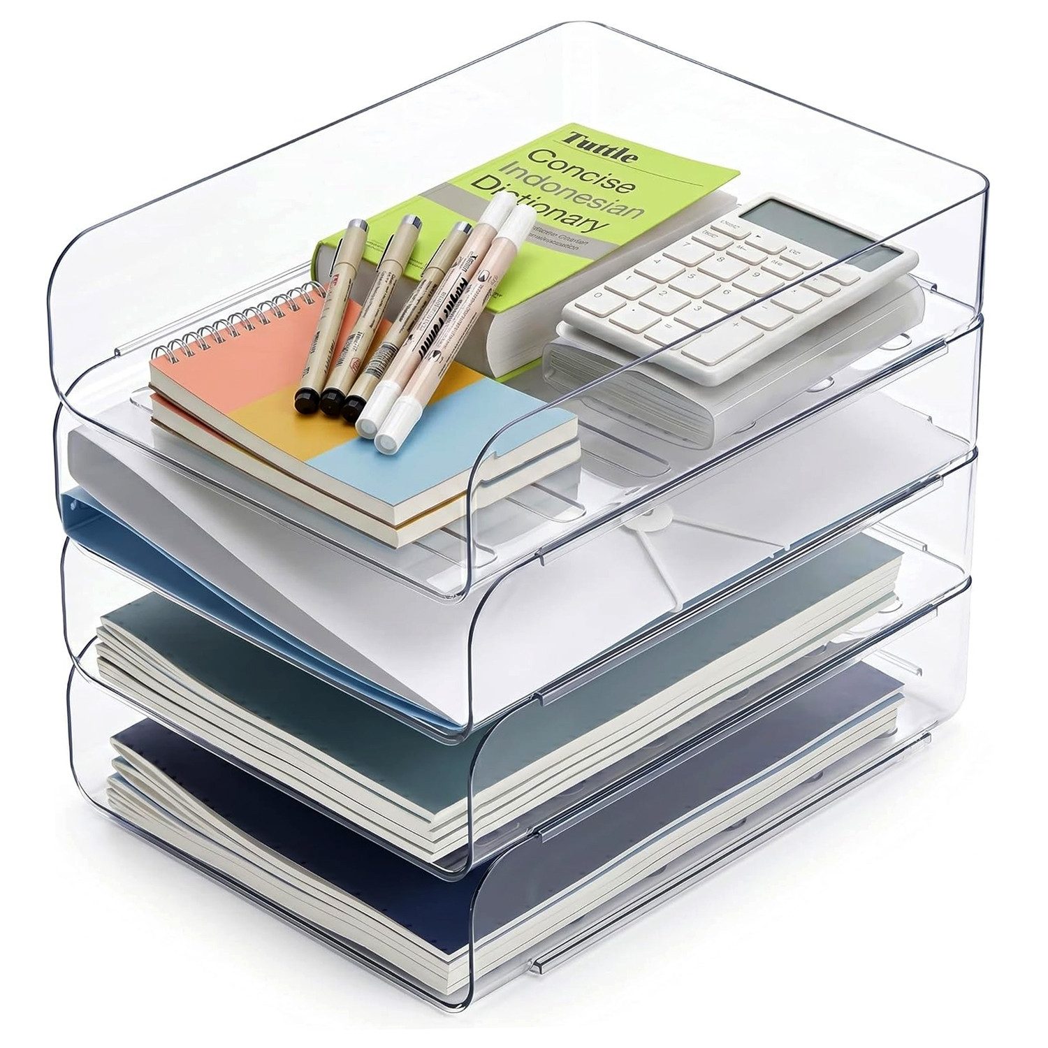 OSTWOLKE Briefablage Papierablage Dokumentenablage A4 stapelbare Schreibtisch Organizer, transparent, PET, 4 Fächer für Zuhause, Büro, Schule
