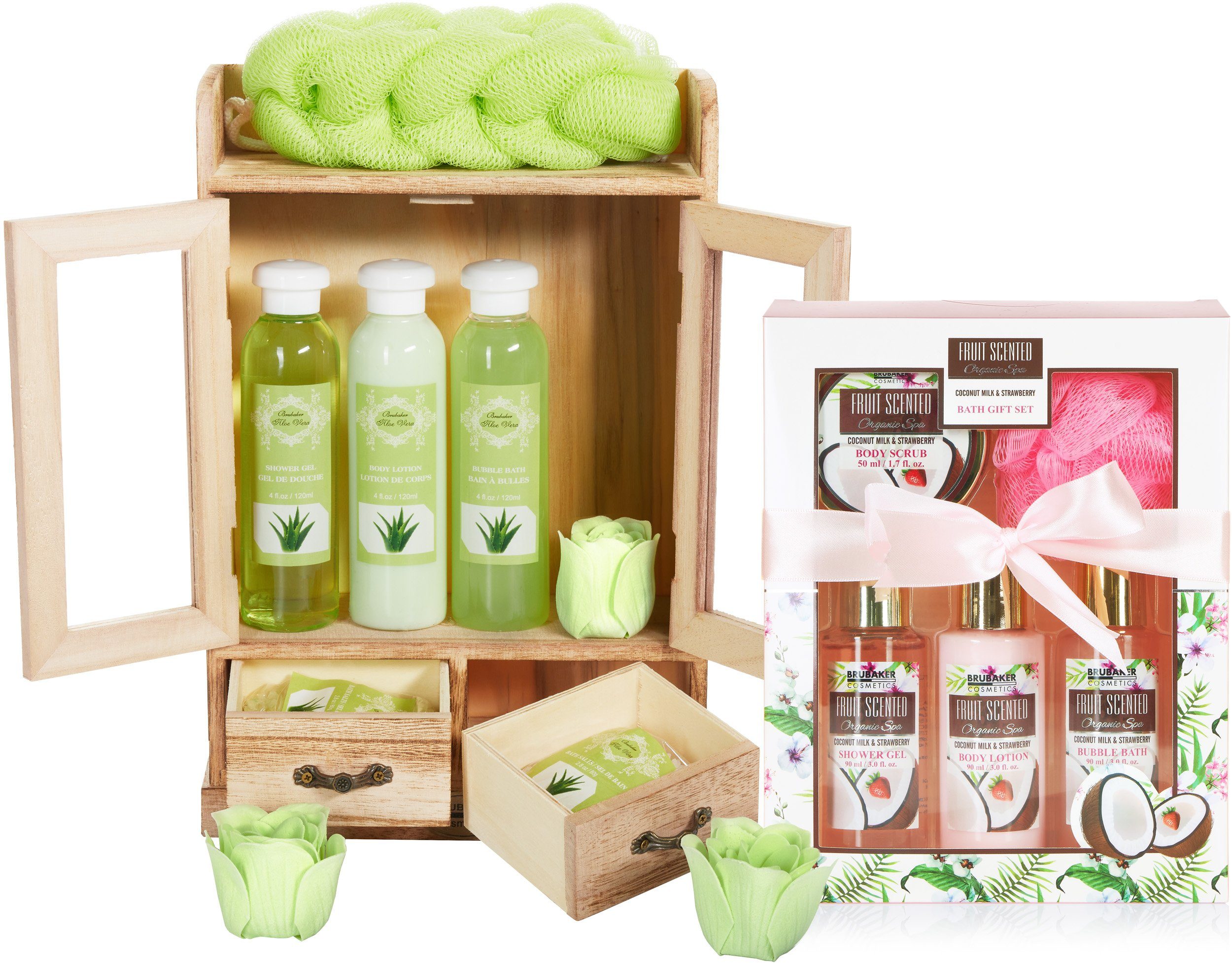 BRUBAKER Pflege-Geschenkset 2 in 1 Pflegeset Aloe Vera & Kokosnuss Erdbeere - Wellness Set, 15-tlg., Damen Dusch- und Badeset - Frauen Beauty Geschenkset mit Dekoration