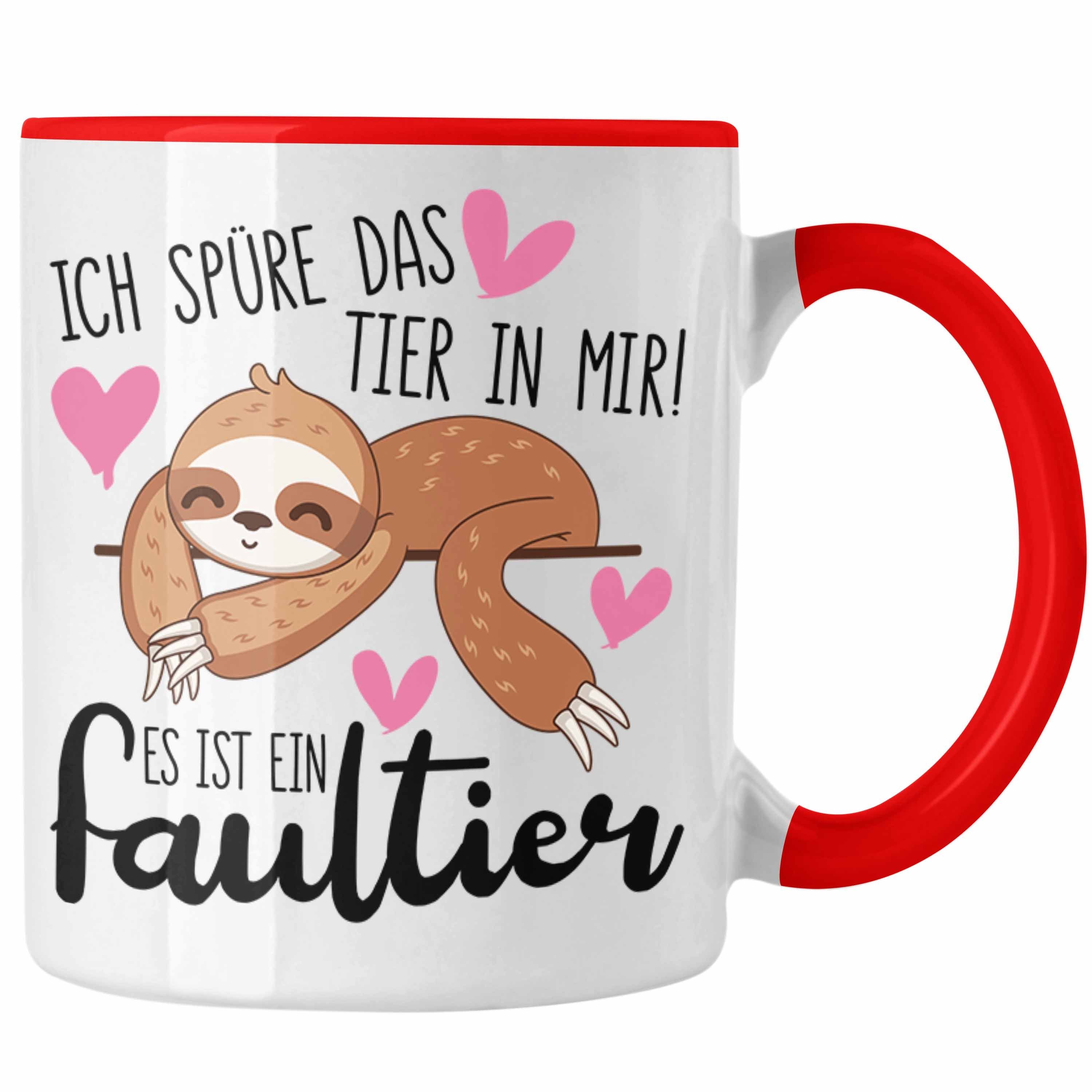 Trendation Tasse Trendation - Ich Spüre Das Tier In Mir Faultier Tasse Geschenk Kollegin Kaffeetasse Kaffeebecher Geschenkidee Lustiger Spruch Rot