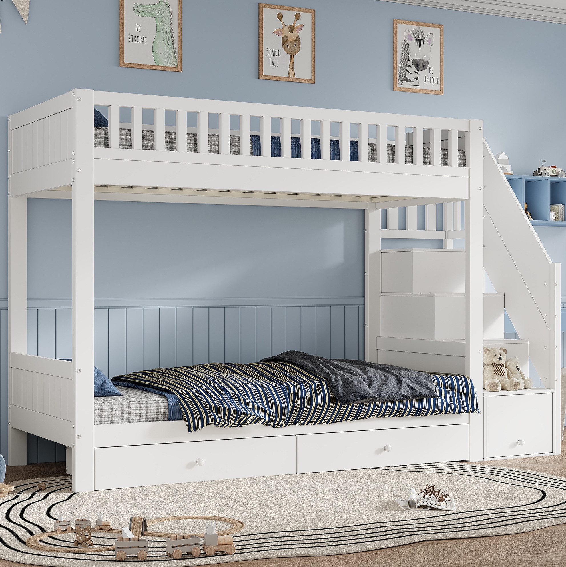REDOM Etagenbett Kinderbett mit integrierter Aufbewahrungstreppe, Stauraumbett (90x200 cm, zwei Bettboxen und Rausfallschutz, Holzbett Jugendbett), ohne Matratze