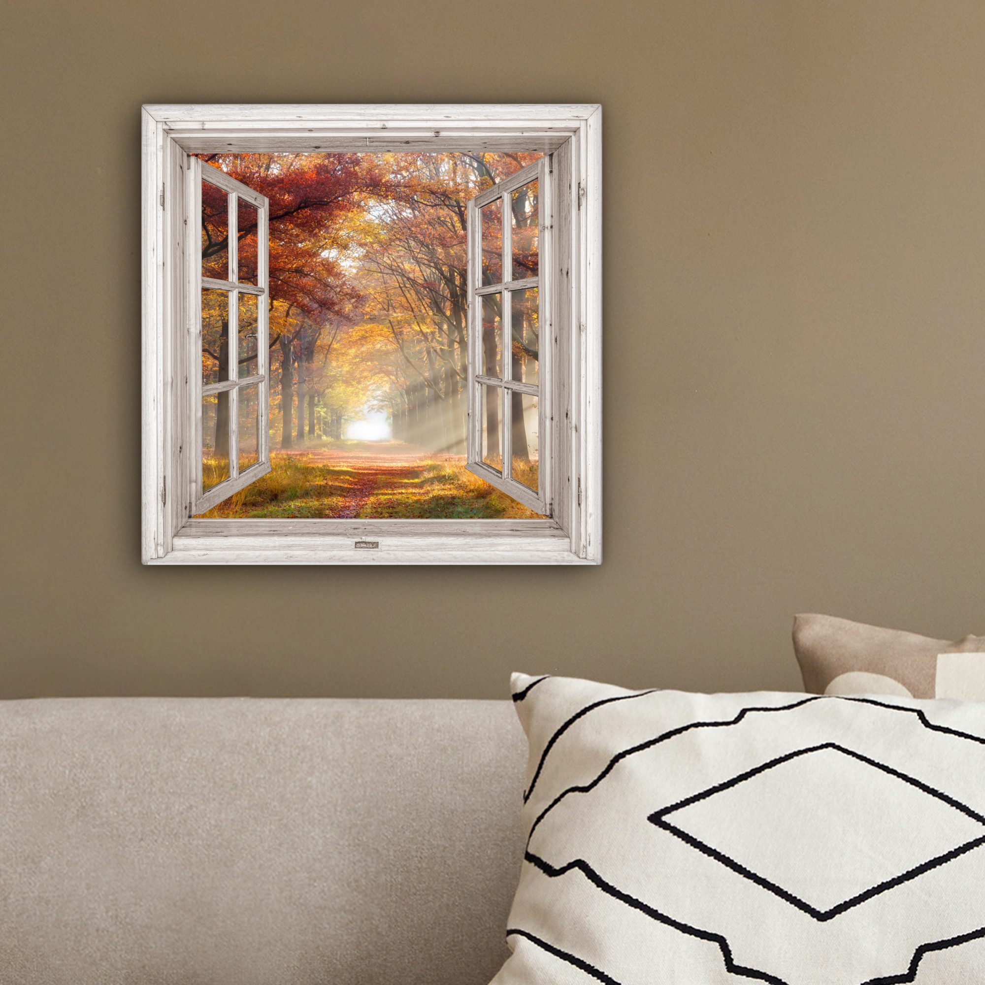 OneMillionCanvasses® Leinwandbild Herbst - Wald - Bäume - Natur - Fensterblick, Fotodruck (1 St), Leinwand Bilder Klein, Wand Dekoration Aesthetic 30x20 cm – Bild 4 von 5