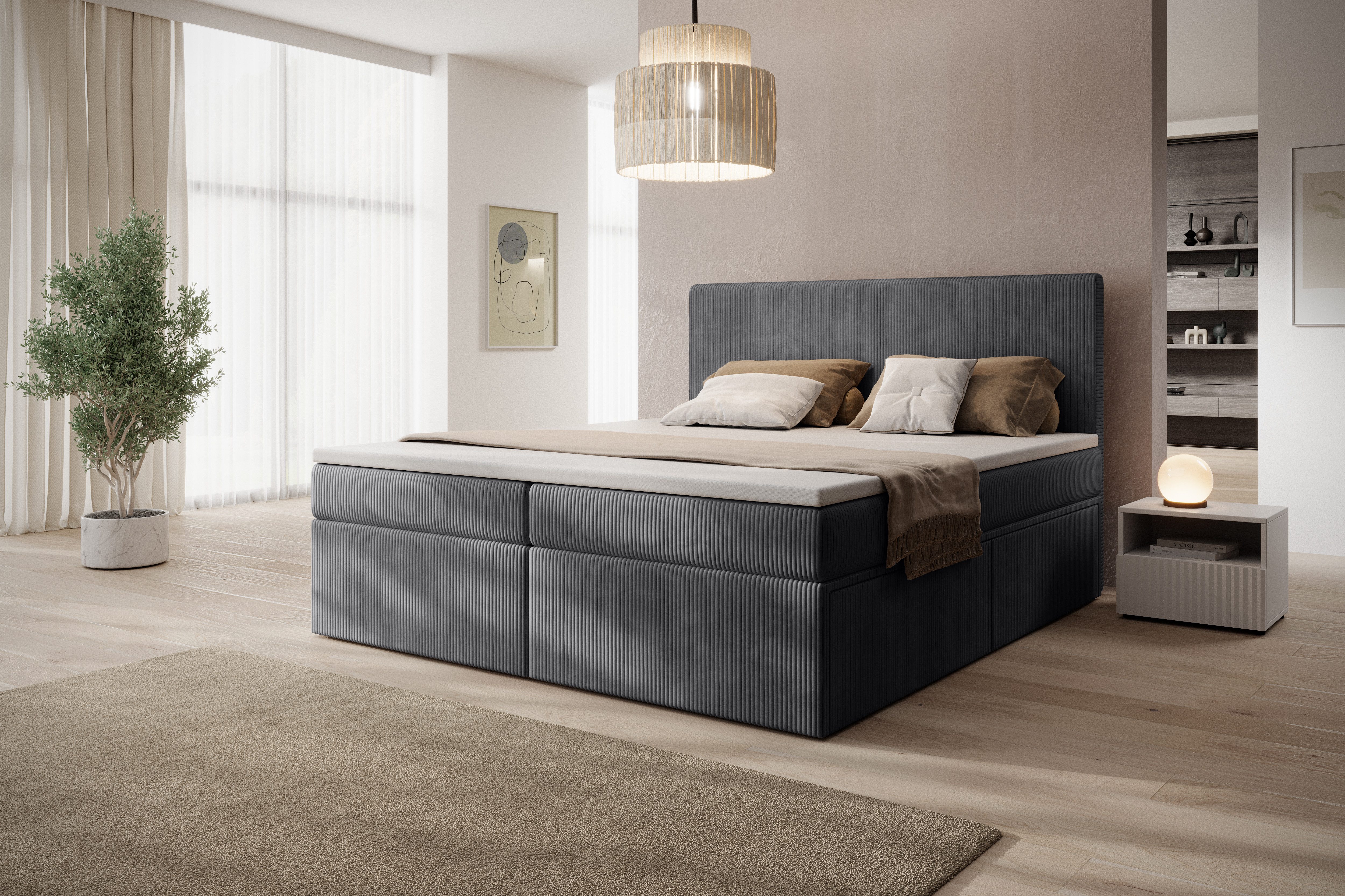 PROMETO Möbel Boxspringbett Doppelbett mit 4 Schubladen, Topper, Kopfteil 180x200cm POSO-Cordstoff, inkl. Taschenfederkern-Matratze (7-Zonen)