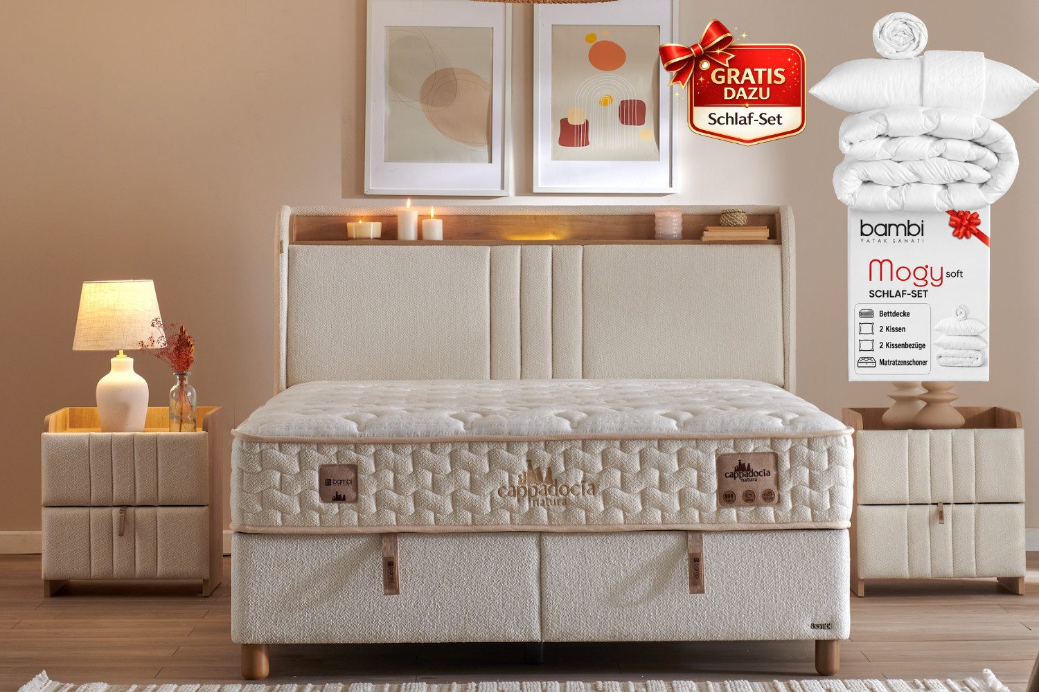 BAMBI YATAK Boxspringbett mit Matratze & Stauraum, Bambi Cappadocia, Bett mit Bettkasten H3 (140x200 cm Bett, LED Beleuchtung mit USB & Type-C, Optionale Nachttisch), Bett mit 7-Zonen Taschenfederkernmatratze