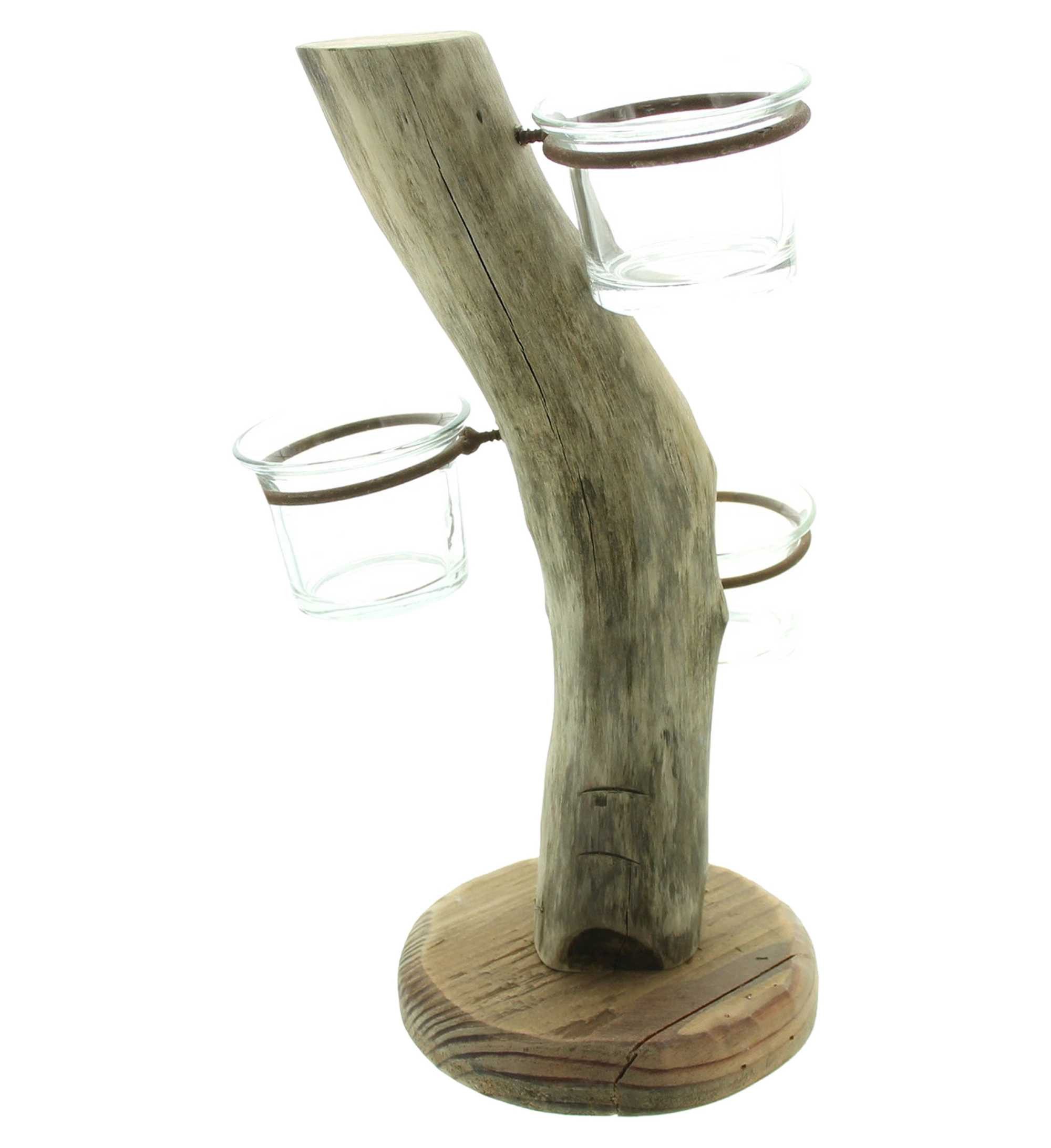Dekoleidenschaft Teelichthalter "Baum" aus Holz, 3 Teelichtgläser, 28 cm hoch, Unikat, Kerzenhalter