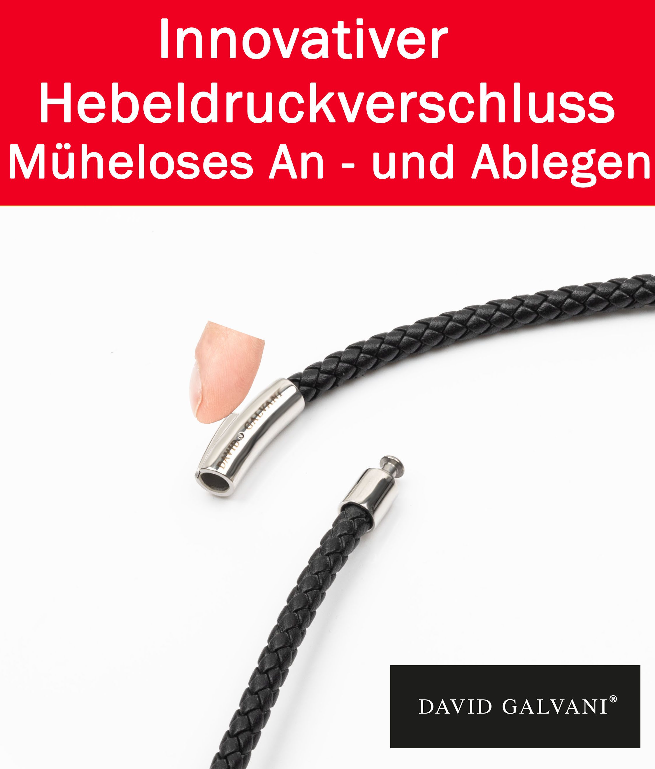 David Galvani Kette mit Anhänger Herren Lederkette Schwarz Echtleder Edelstahl-Beads 5 mm geflochten, Handmade in Deutschland – Bild 4 von 5