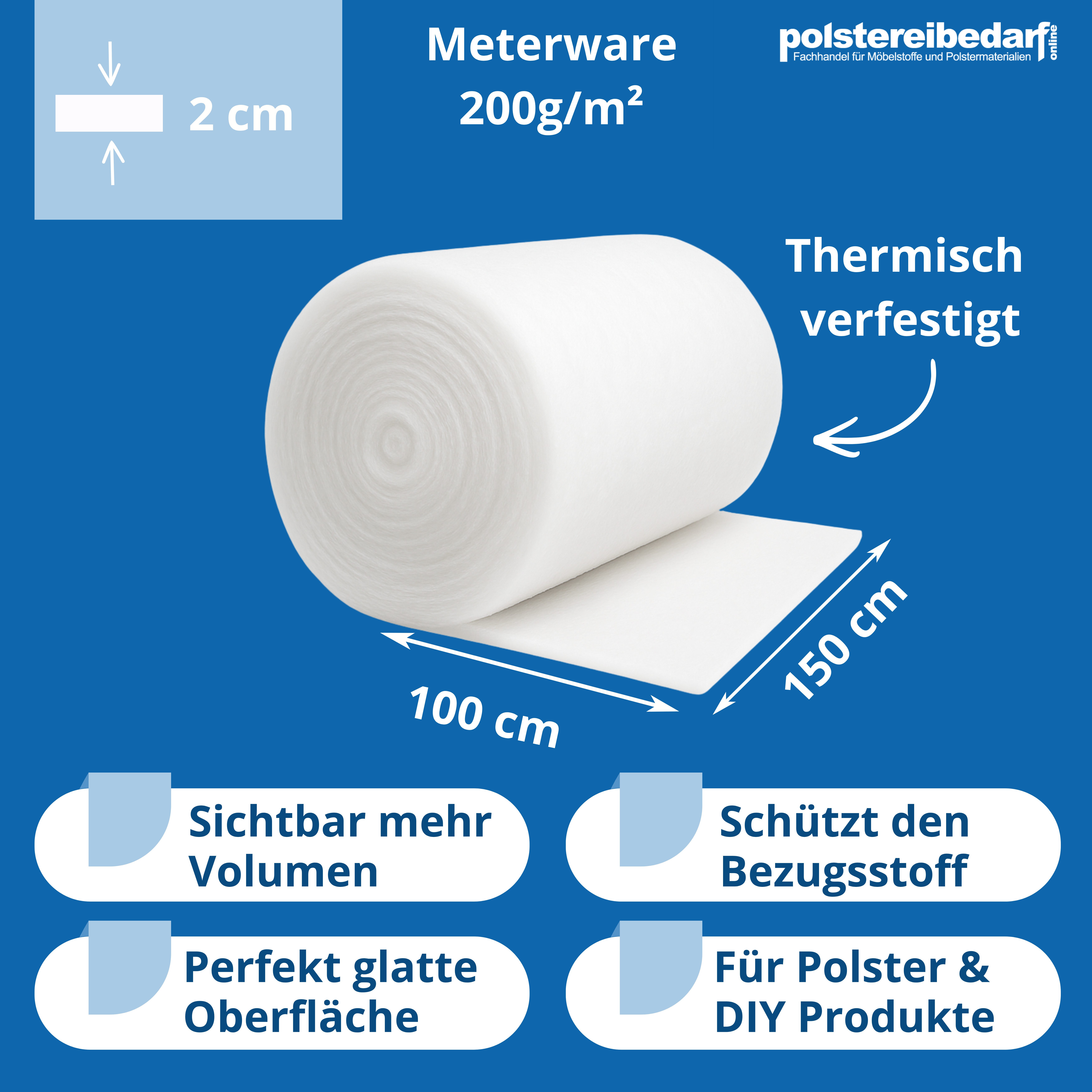 Heiro Stoff Polster Vlies Watte Weiss 150cm breit 200 g/m² Meterware, Meterware - Breite: 150