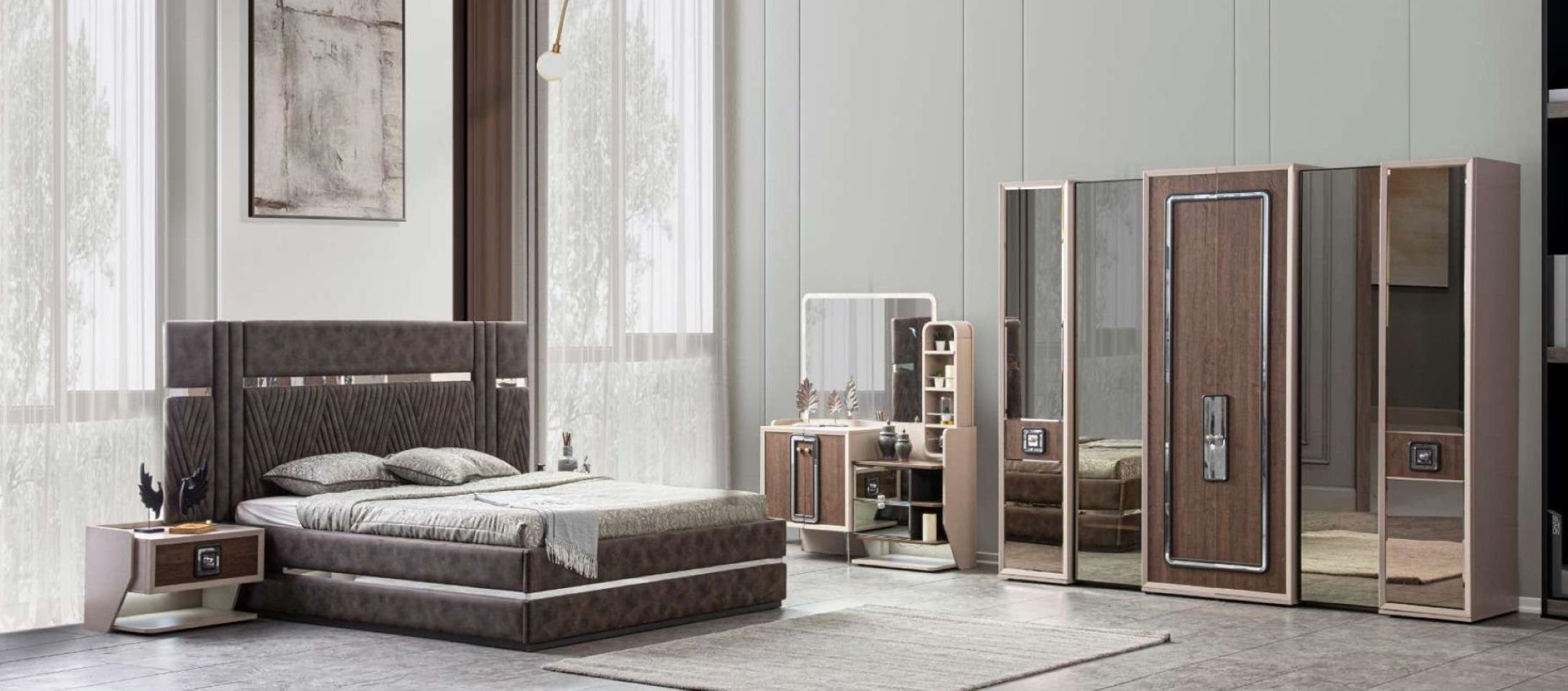 JVmoebel Schlafzimmer-Set Modern Bett 2x Nachttische 5tlg Schlafzimmer Design Luxus Möbel Neu, (5-St., Bett + 2x Nachttische + Kleiderschrank + Schminktisch), Made in Europe