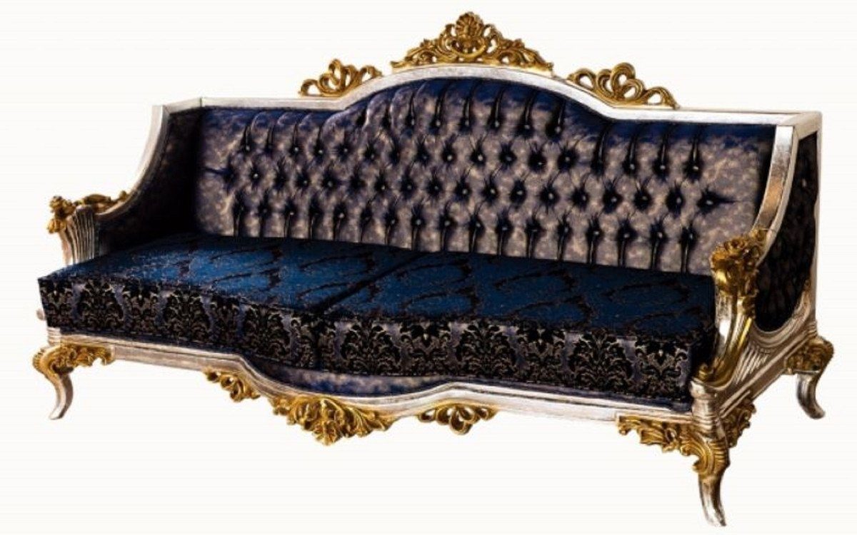 Barock Padrino - Sofa - Luxus / Casa Wohnzimmer Royalblau Wohnzimmer Möbel / Schwarz Sofa Silber mit Prunkvolles Muster / elegantem Gold Sofa Barock