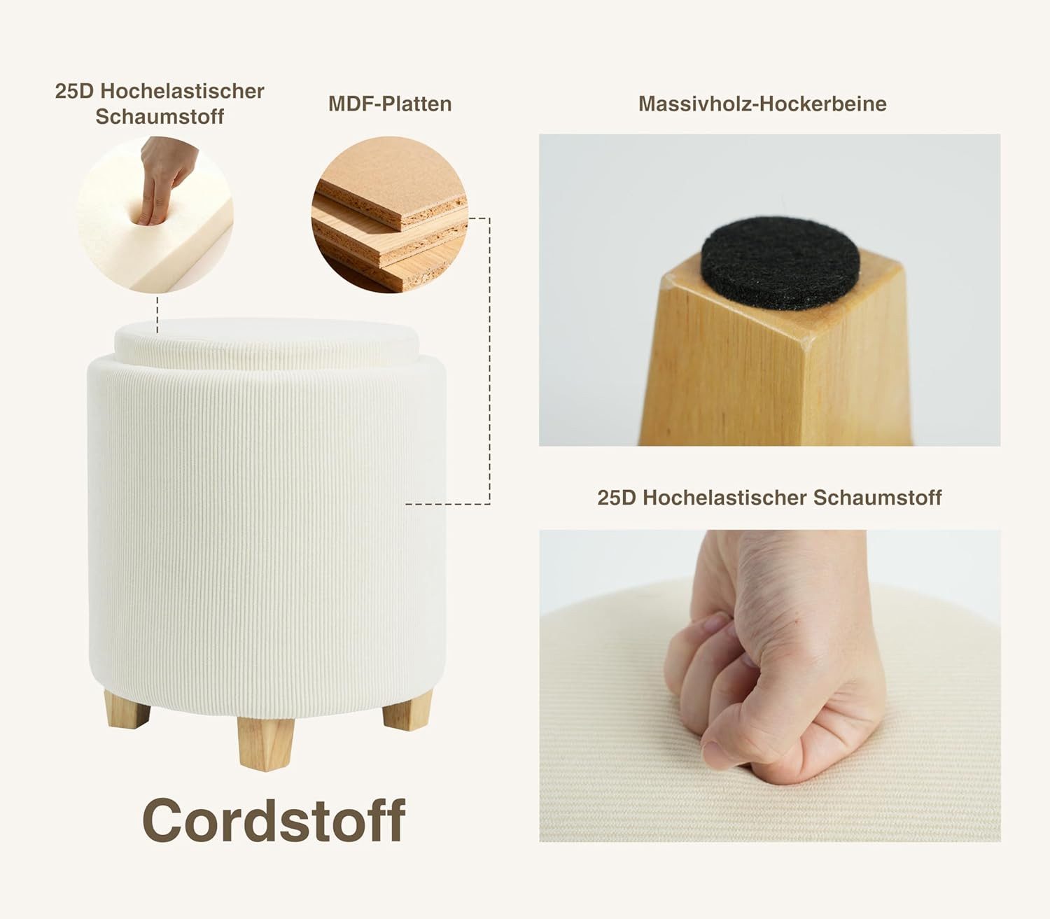 Zedelmaier Sitzhocker mit Stauraum rund Beige, Couchtisch, Sitzhocker mit Deckel, Fußhocker mit Aufbewahrungsbox, Polsterhocker mit Holzbeinen