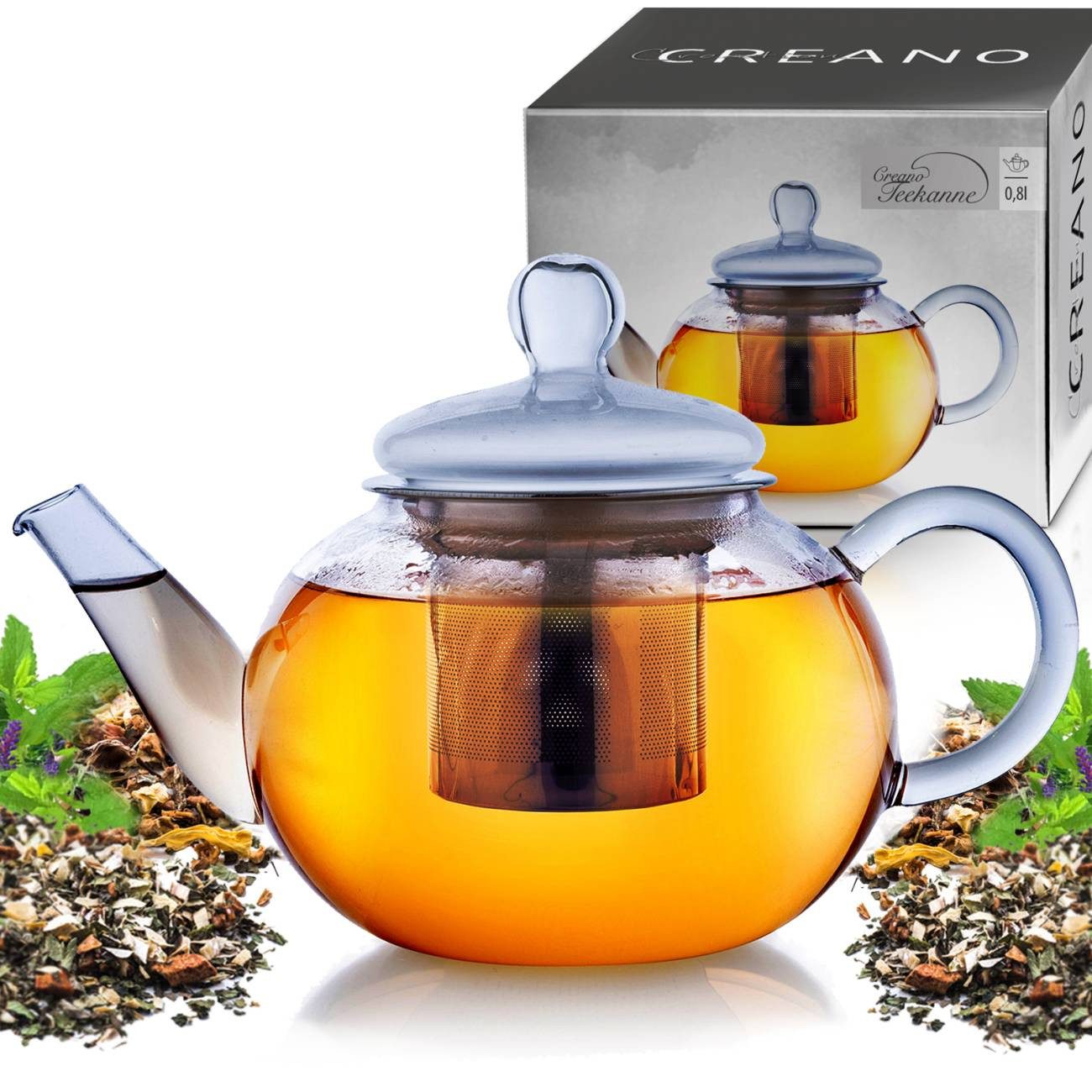 Creano Teekanne Teekanne “flach” 0,8 Liter, 0,8 l, (1er-Set, 2-St., Teekanne & Deckel), tropffrei