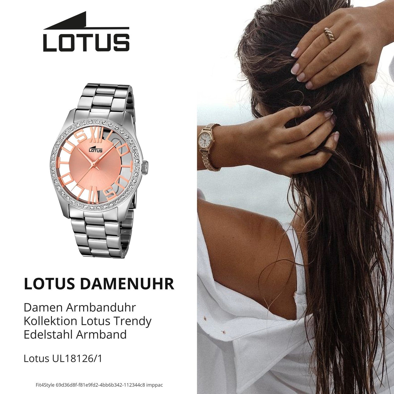 Uhr Armbanduhr Damen rund, L18126/1, Edelstahlarmband Damen Fashion Lotus Quarzuhr Lotus silber
