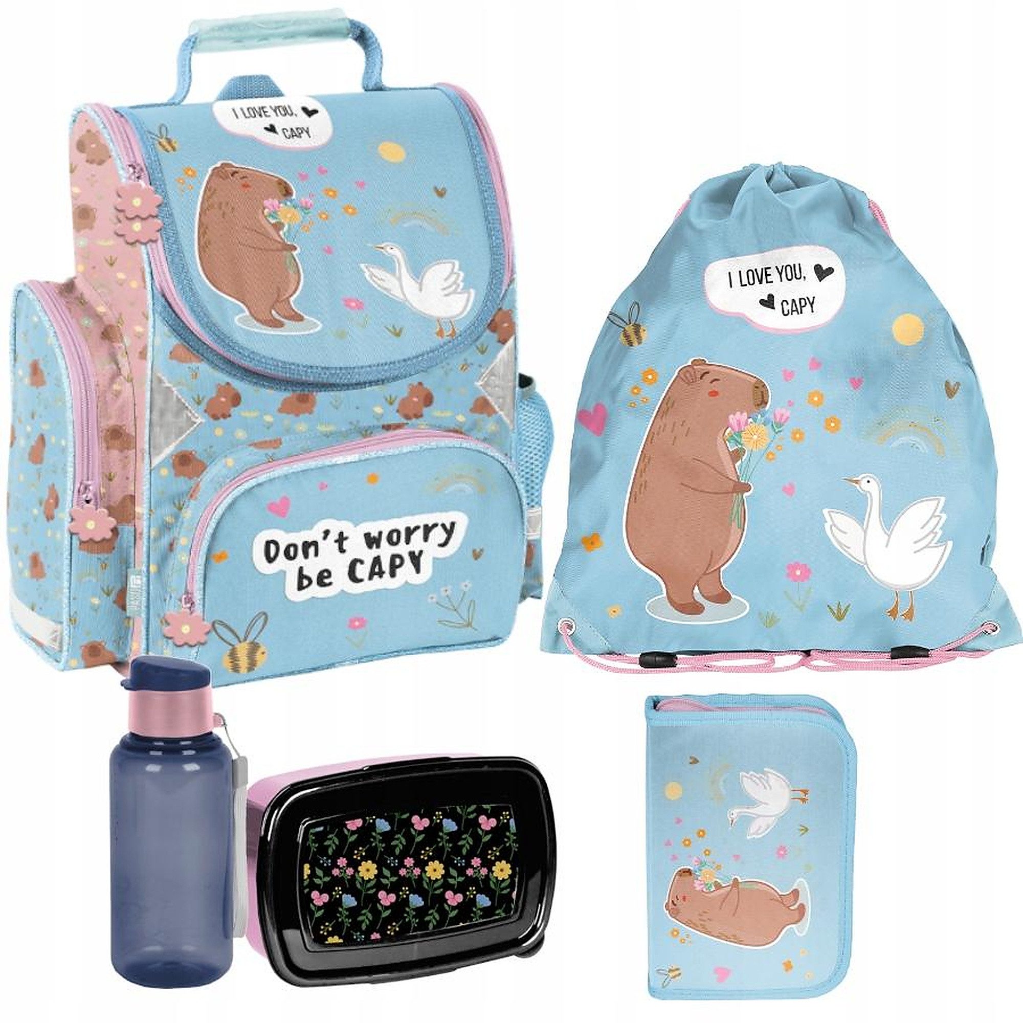 PASO Schulrucksack (Schulset, 5-tlg), Capybara, 5-tlg. Set, Hellblau