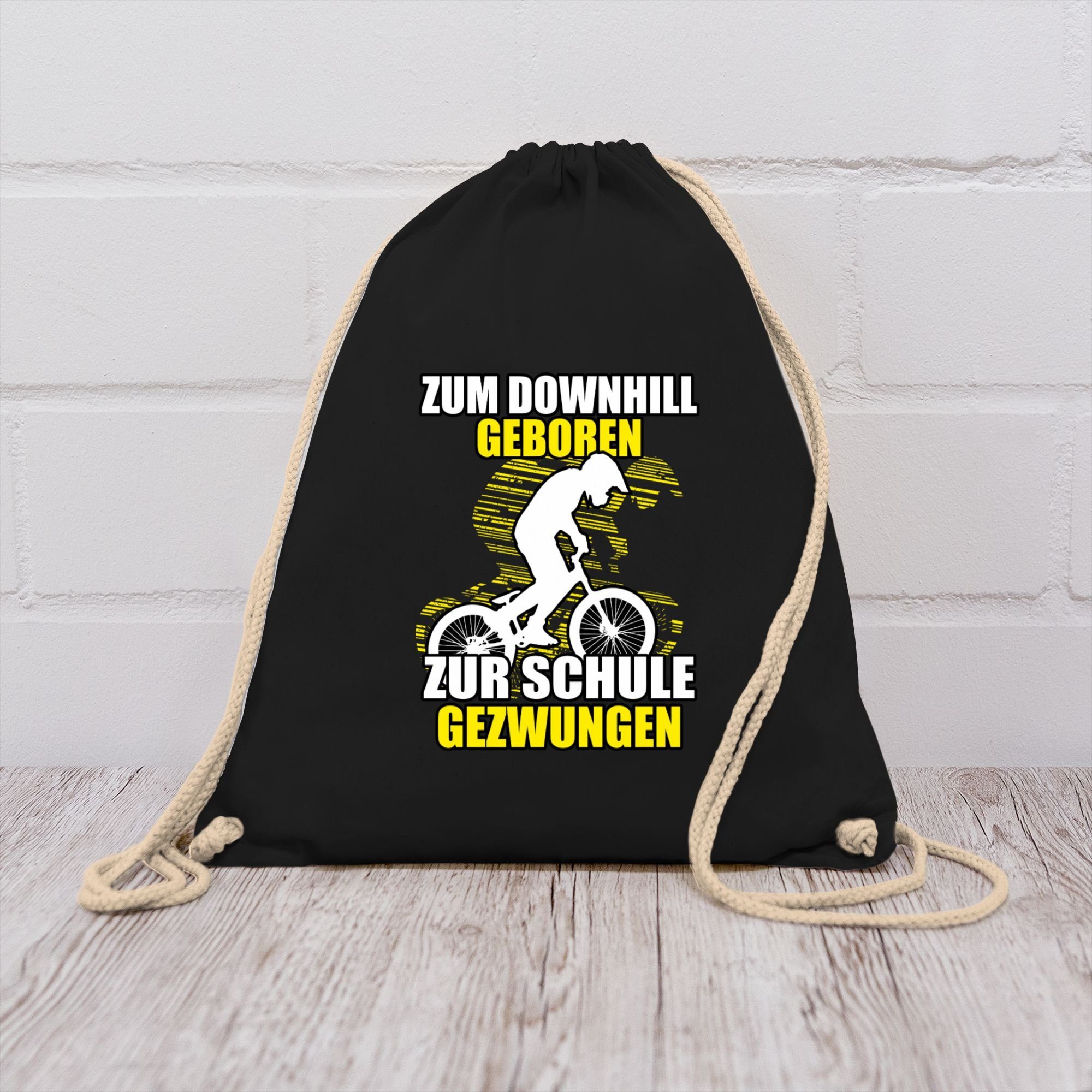 Shirtracer Turnbeutel Zum Downhill geboren zur Schule gezwungen, Fahrrad Bekleidung Radsport