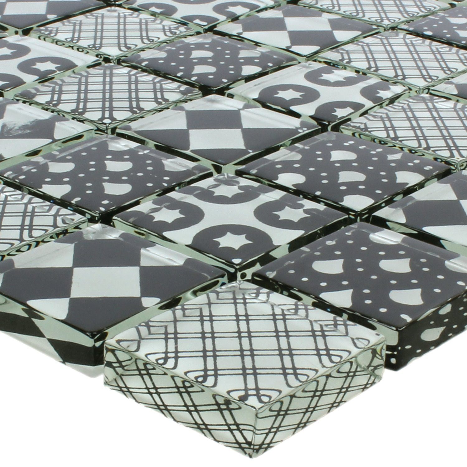 Mosafil Mosaikfliesen Mosaikfliesen Glas Rainbow Schwarz Weiss, Glas 31.800x31.800, weiß-schwarz-grau, Verlegefertig auf ein Netz geklebt - Frostsicher - Wasserfest