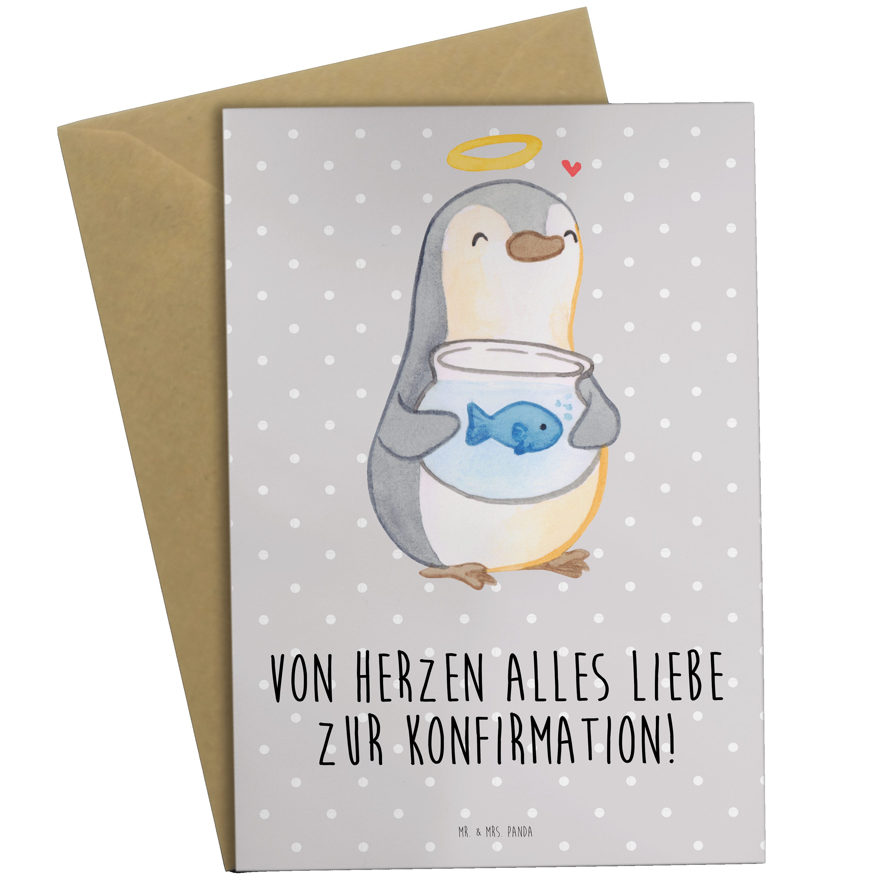 Mr. & Mrs. Panda Grußkarte Pinguin Fisch - Grau Pastell - Geschenk, Einladungskarte, Zuversicht