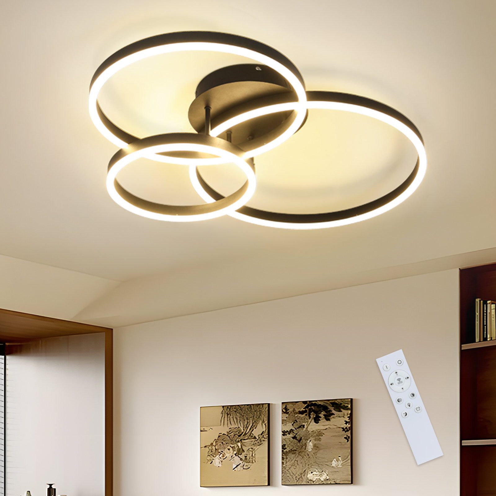 Nettlife LED Deckenleuchte Schwarz Dimmbar 82CM 74W mit 3 Ring, mit Fernbed günstig online kaufen