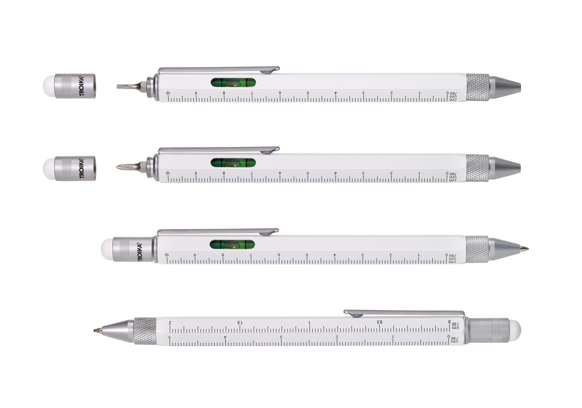 weiß - und Stylus PIP20/WH Skala Kugelschreiber Wasserwaage CONSTRUCTION Multitasking-Kugelschreiber 1:20 - m - TROIKA und m und 1:50 Zentimeter- - Zoll-Lineal - TROIKA - Kreuzschraubendreher - Schlitz-