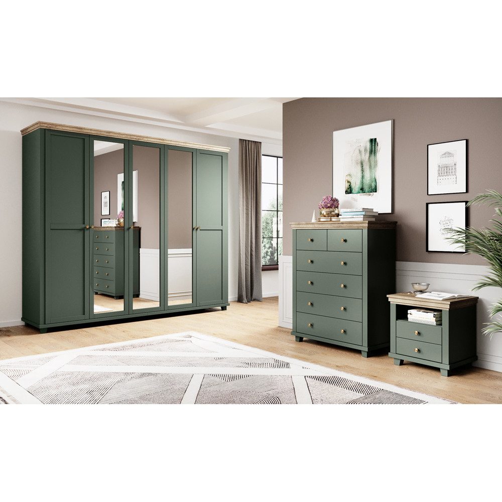 Lomadox Schlafzimmer-Set EPSOM-83, (Spar-Set, 3-tlg), grün mit Lefkas Eiche Nb.