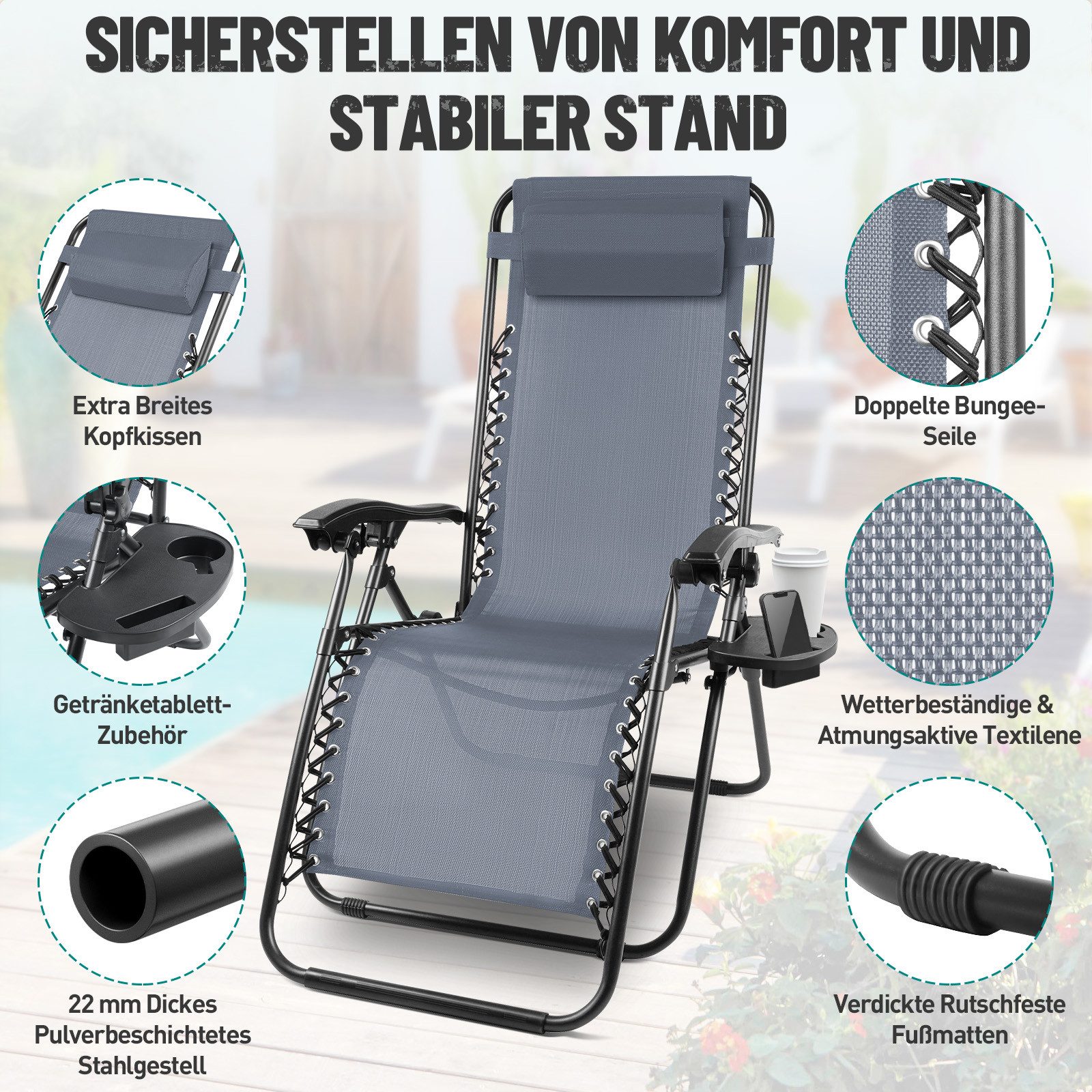 Huracan Gartenliege Sonnenliege Klappbar, Gartenliege Wetterfest, bis 120 KG, 2 St., Liegestuhl Garten mit Nackenkissen Getränkehalter Seitentasche, klappbar,ergonomisch geformt,platzsparend zerlegbar