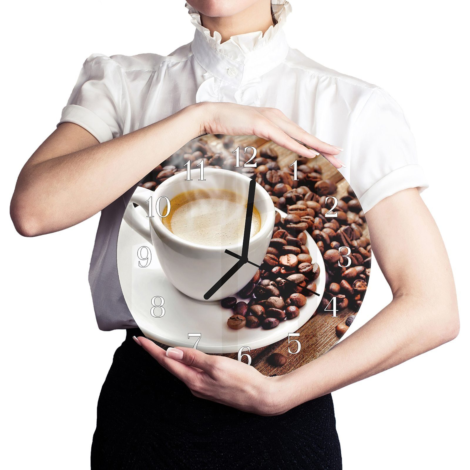 Primedeco Wanduhr Wanduhr aus Glas Kaffeebohnen - mit und 30 Kaffee Motiv Tasse Durchmesser Rund cm mit mit Quarzuhrwerk